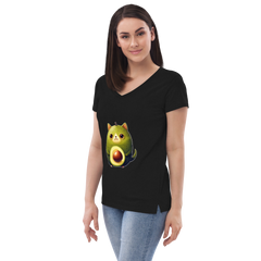 Adorit's Avocat (Avocado-Cat) Women’s 100% recycled v-neck t-shirt - black left front | By PhilanthroBit