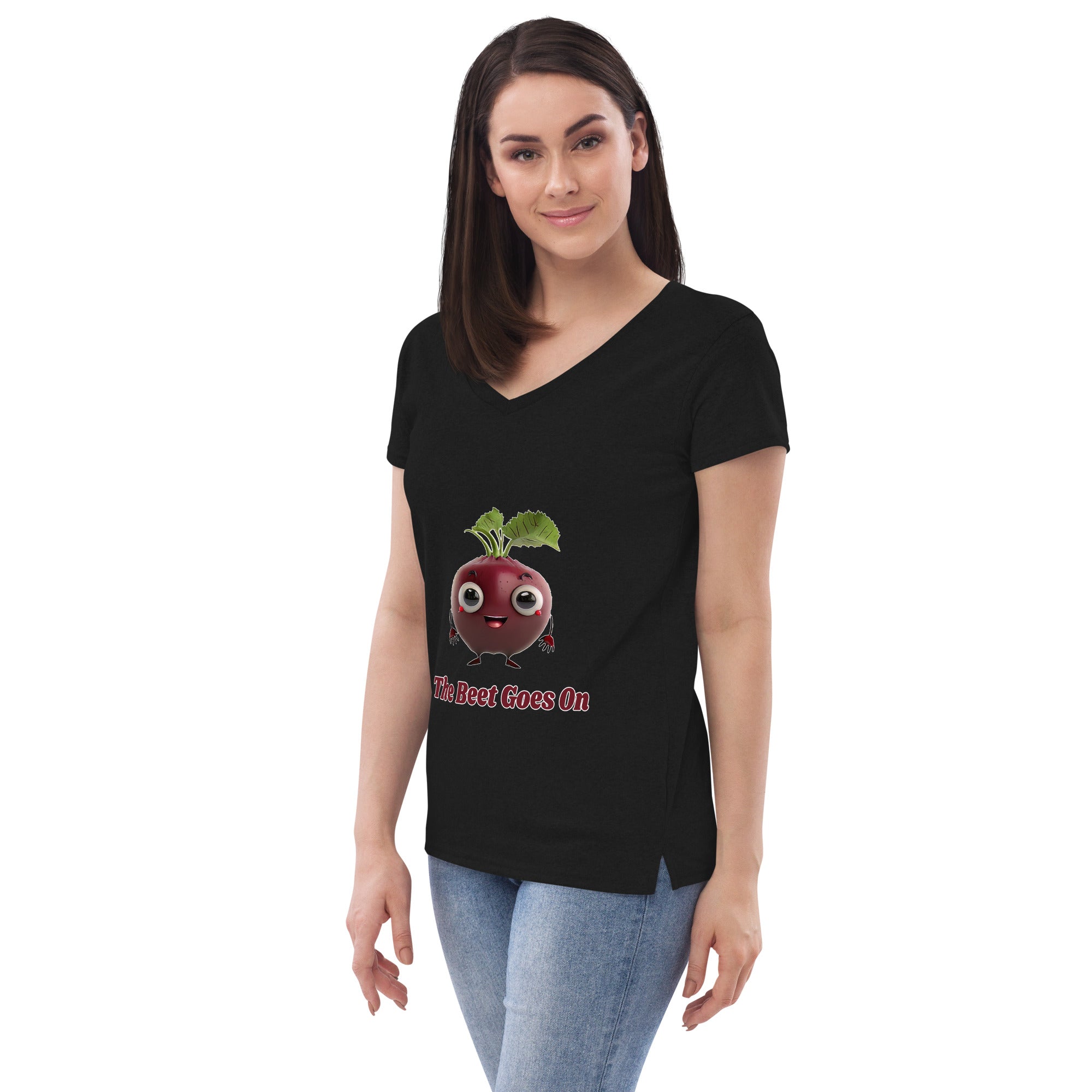 Adorit's The Beet Goes On Women’s 100% recycled black v-neck t-shirt - left front | By PhilanthroBit