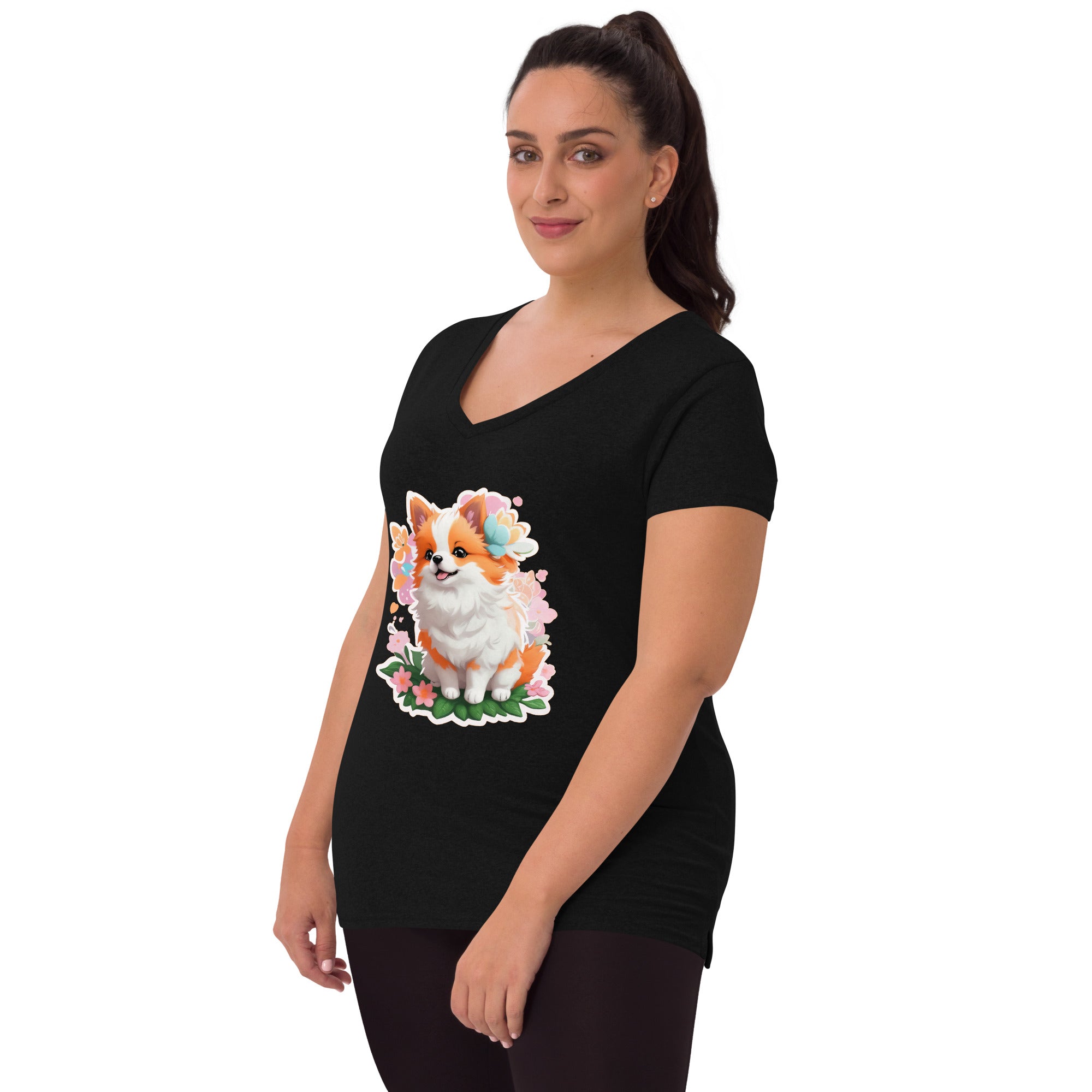 Adorit's Adorable Puppy Women’s Eco Recycled black v-neck t-shirt - left front | By PhilanthroBit