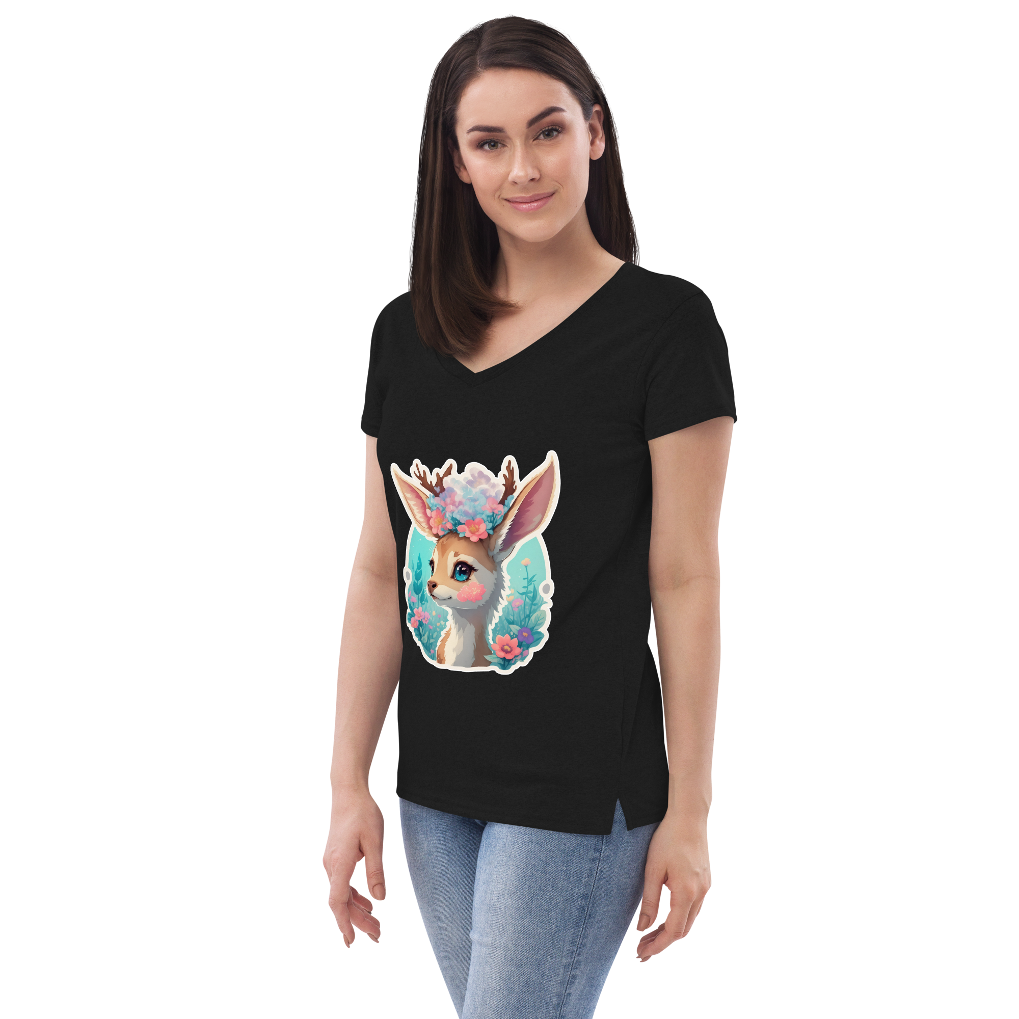 Adorit's Adorable Fawn (deer) with Flowers Eco Women’s 100% recycled black  v-neck t-shirt - left front