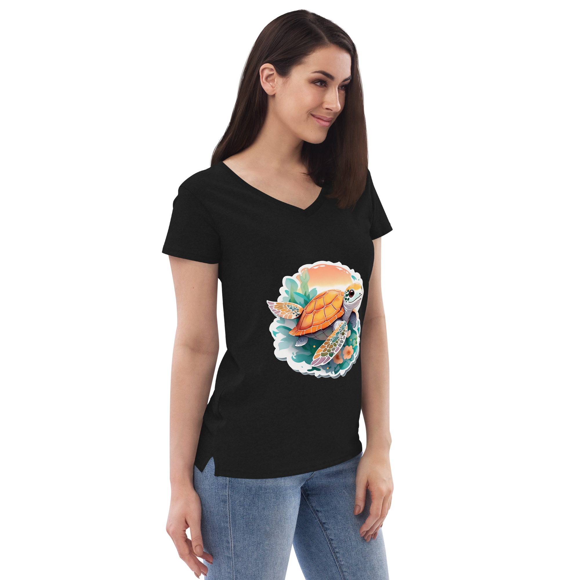 Adorit Sea Turtle Women’s 100% recycled black v-neck t-shirt - right front | By PhilanthroBit