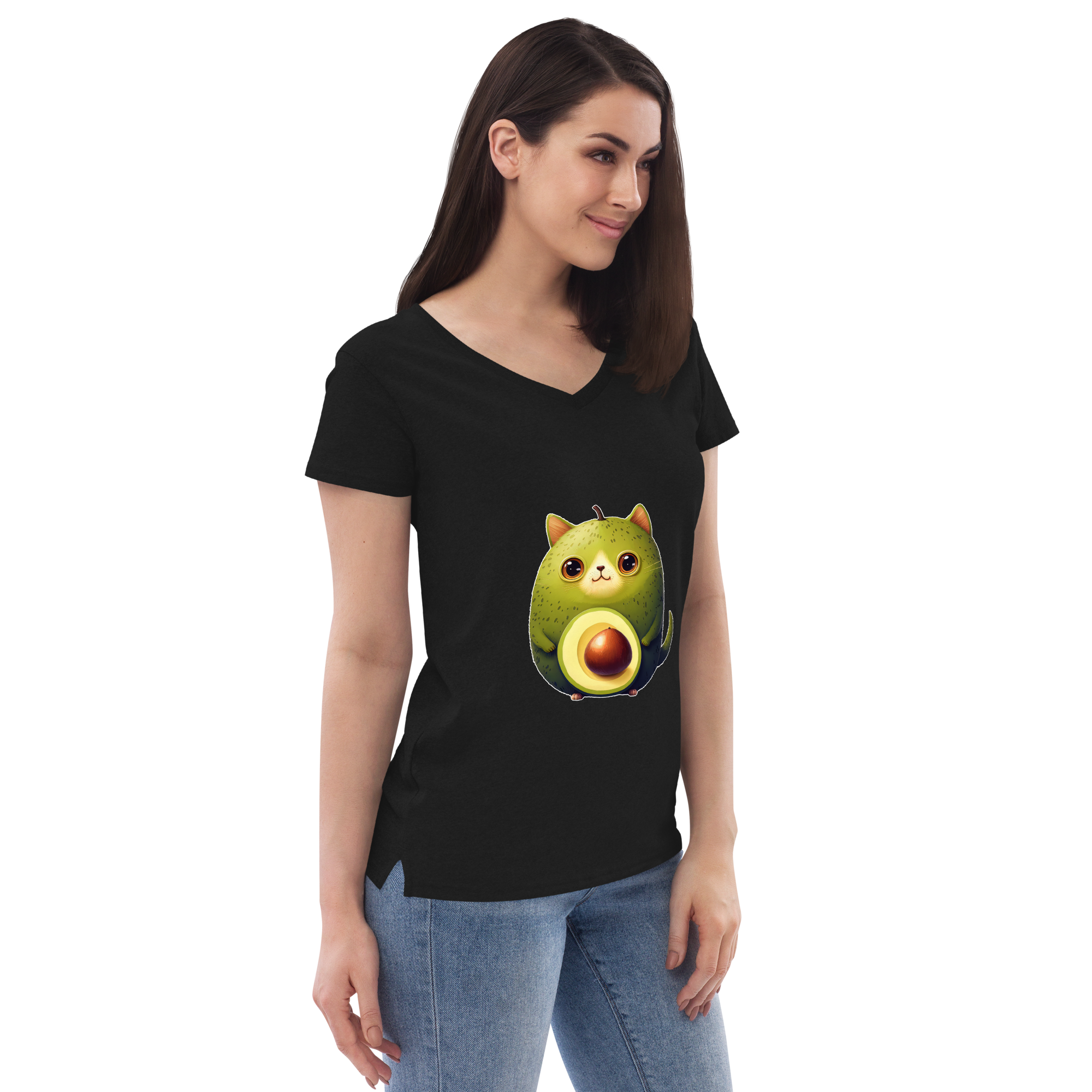 Adorit's Avocat (Avocado-Cat) Women’s 100% recycled v-neck t-shirt - black right front | By PhilanthroBit