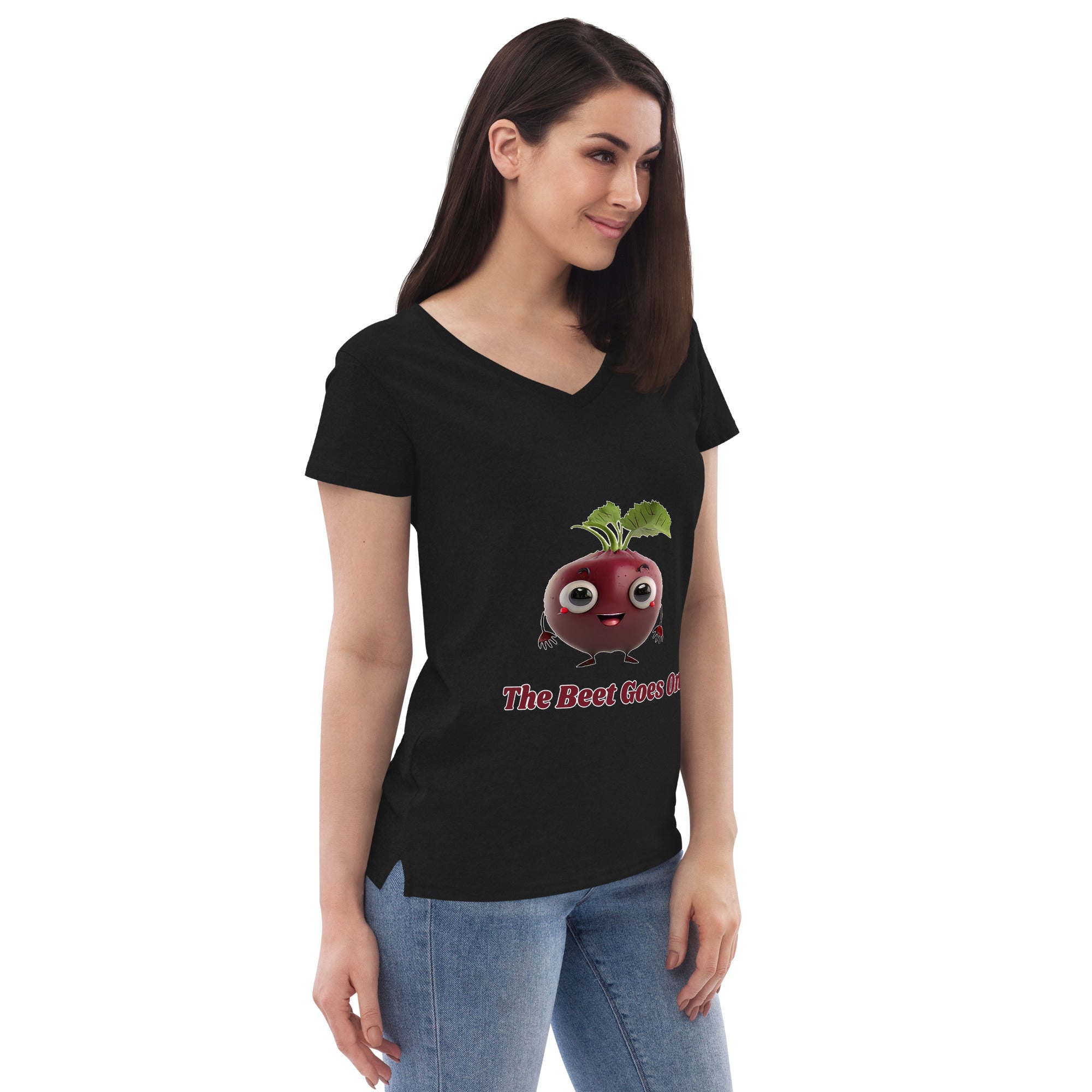 Adorit's The Beet Goes On Women’s 100% recycled black v-neck t-shirt - right front | By PhilanthroBit