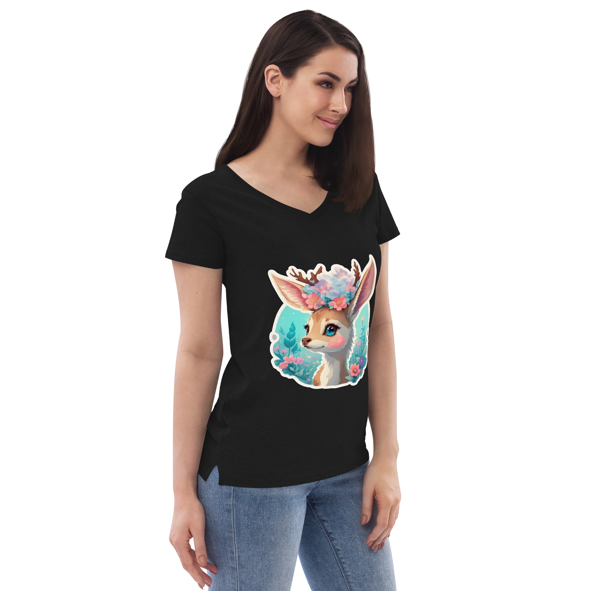 Adorit's Adorable Fawn (deer) with Flowers Eco Women’s 100% recycled black  v-neck t-shirt - right front