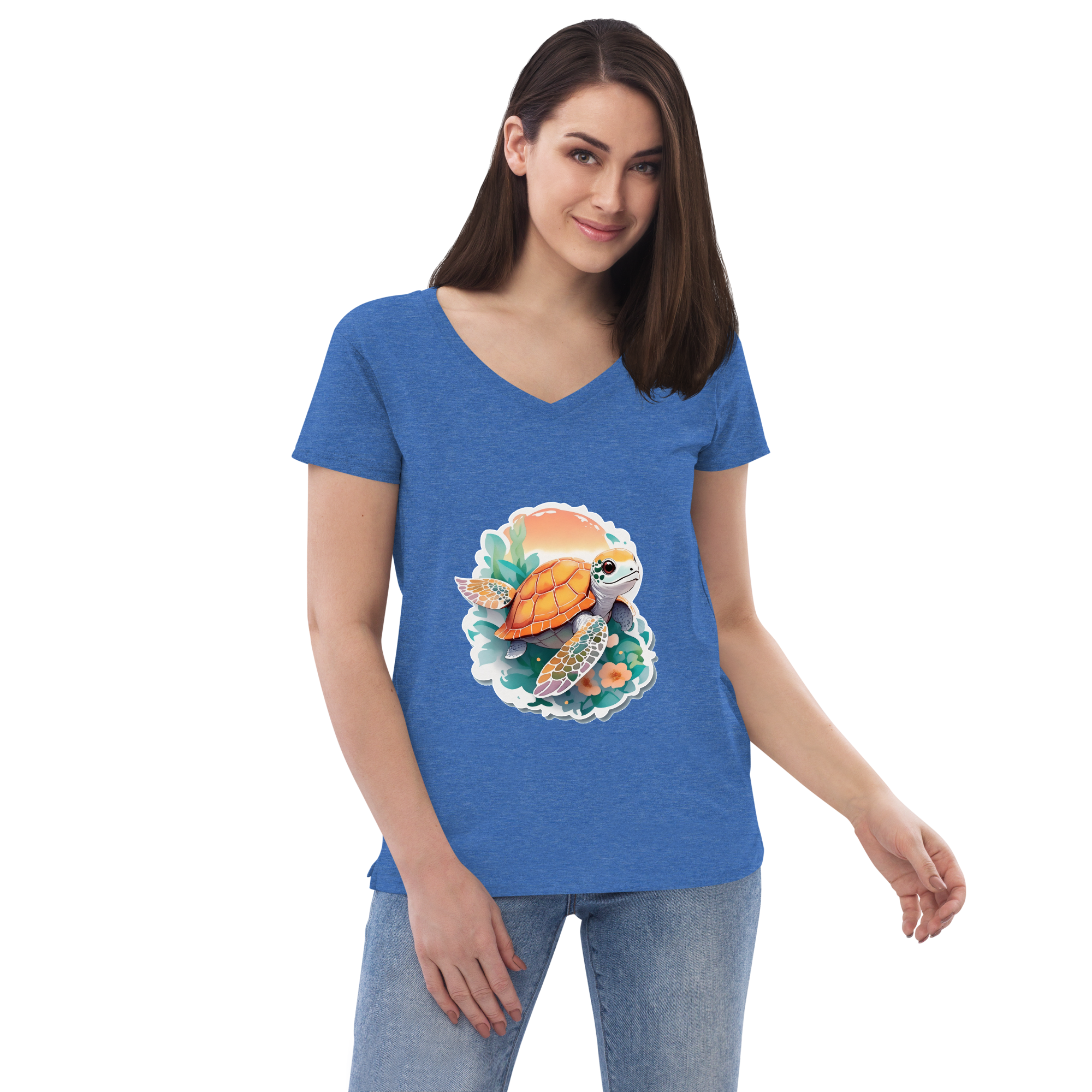 Adorit Sea Turtle Women’s 100% recycled blue heather v-neck t-shirt - front 2 | By PhilanthroBit