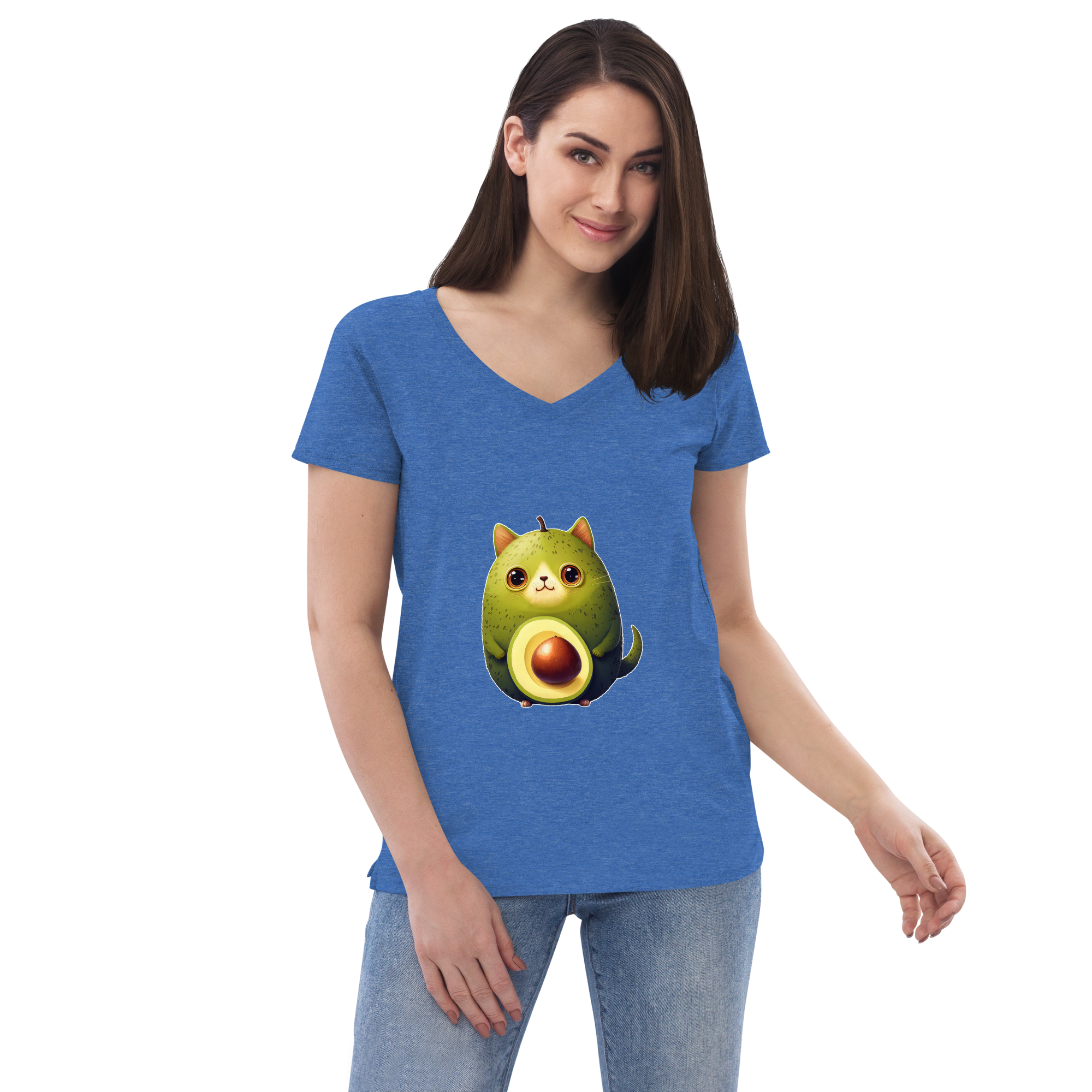 Adorit's Avocat (Avocado-Cat) Women’s 100% recycled v-neck t-shirt - blue heather front 2 | By PhilanthroBit