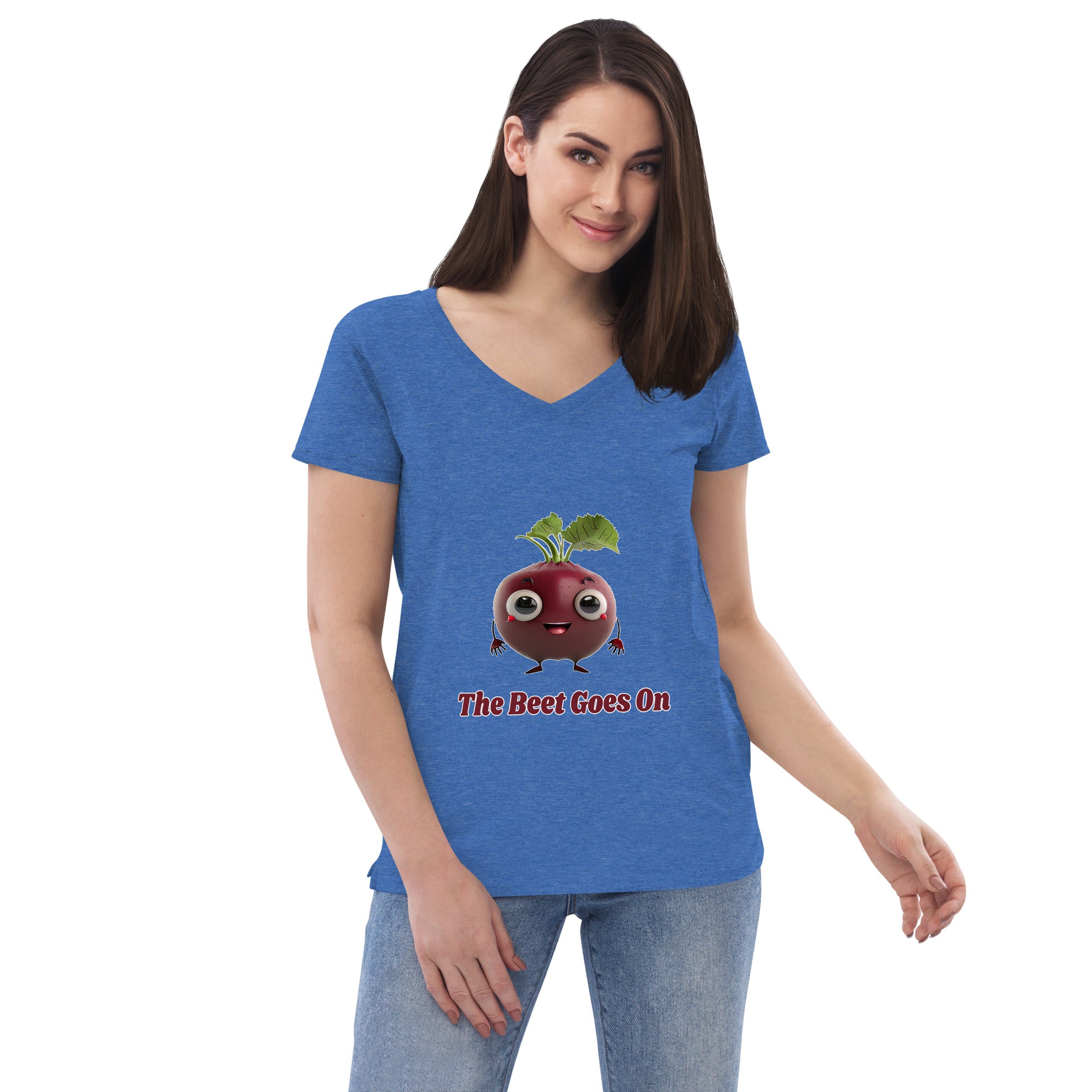 Adorit's The Beet Goes On Women’s 100% recycled blue heather v-neck t-shirt - front 2 | By PhilanthroBit