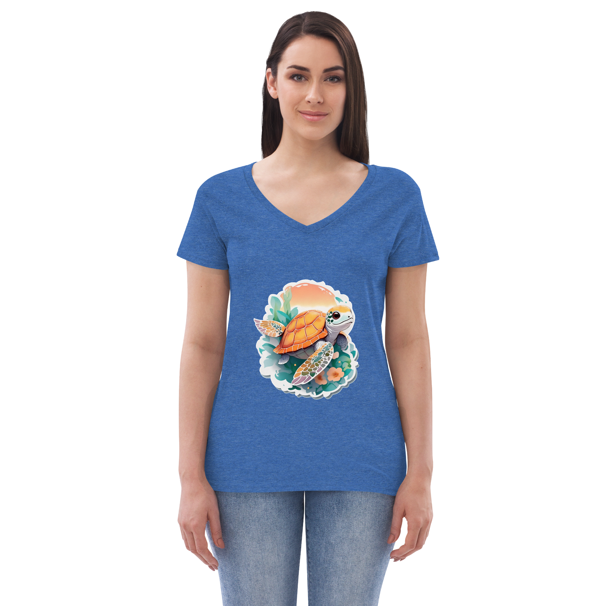 Adorit Sea Turtle Women’s 100% recycled blue heather v-neck t-shirt - front | By PhilanthroBit