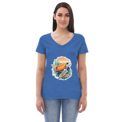 Adorit Sea Turtle Women’s 100% recycled blue heather v-neck t-shirt - front | By PhilanthroBit