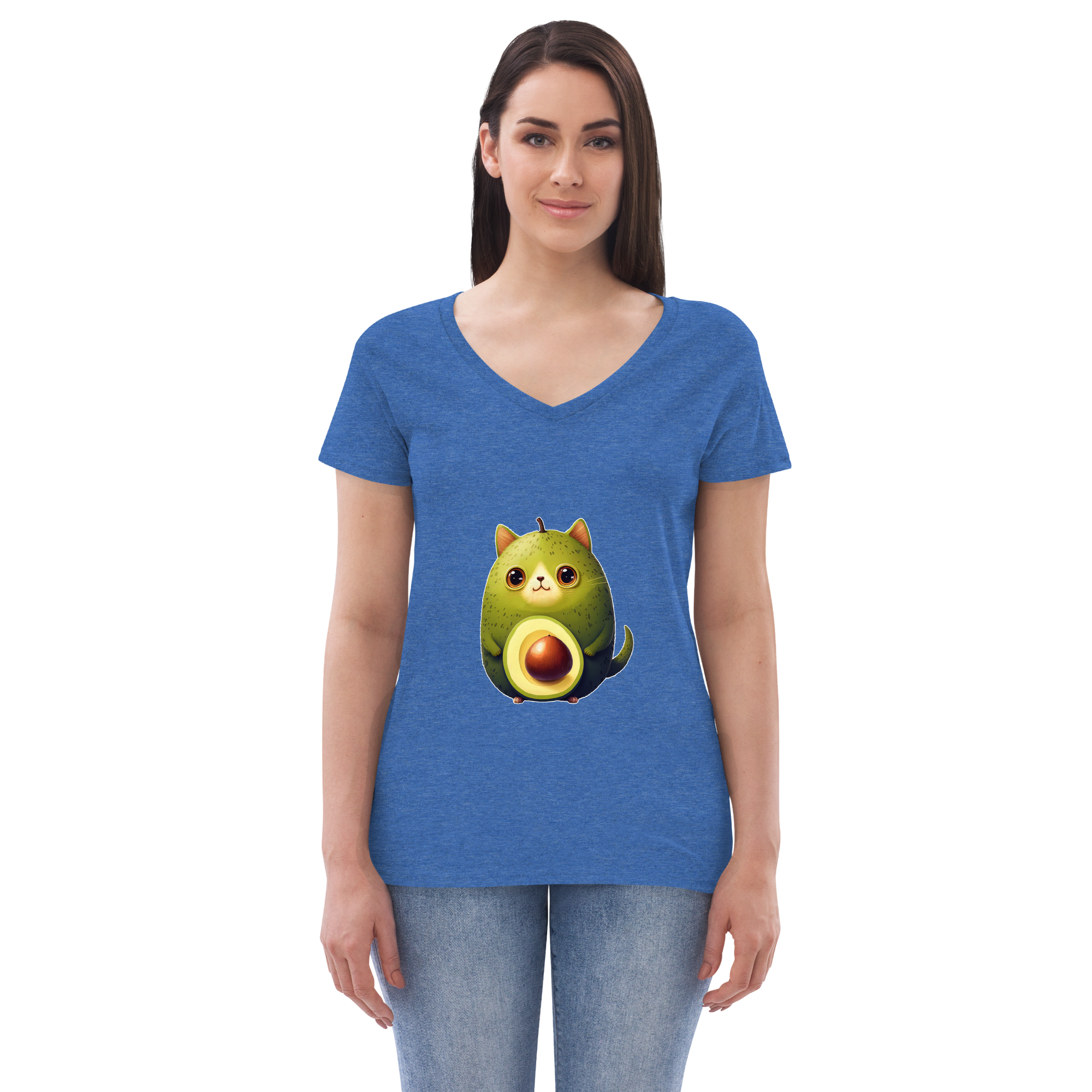 Adorit's Avocat (Avocado-Cat) Women’s 100% recycled v-neck t-shirt - blue heather front | By PhilanthroBit