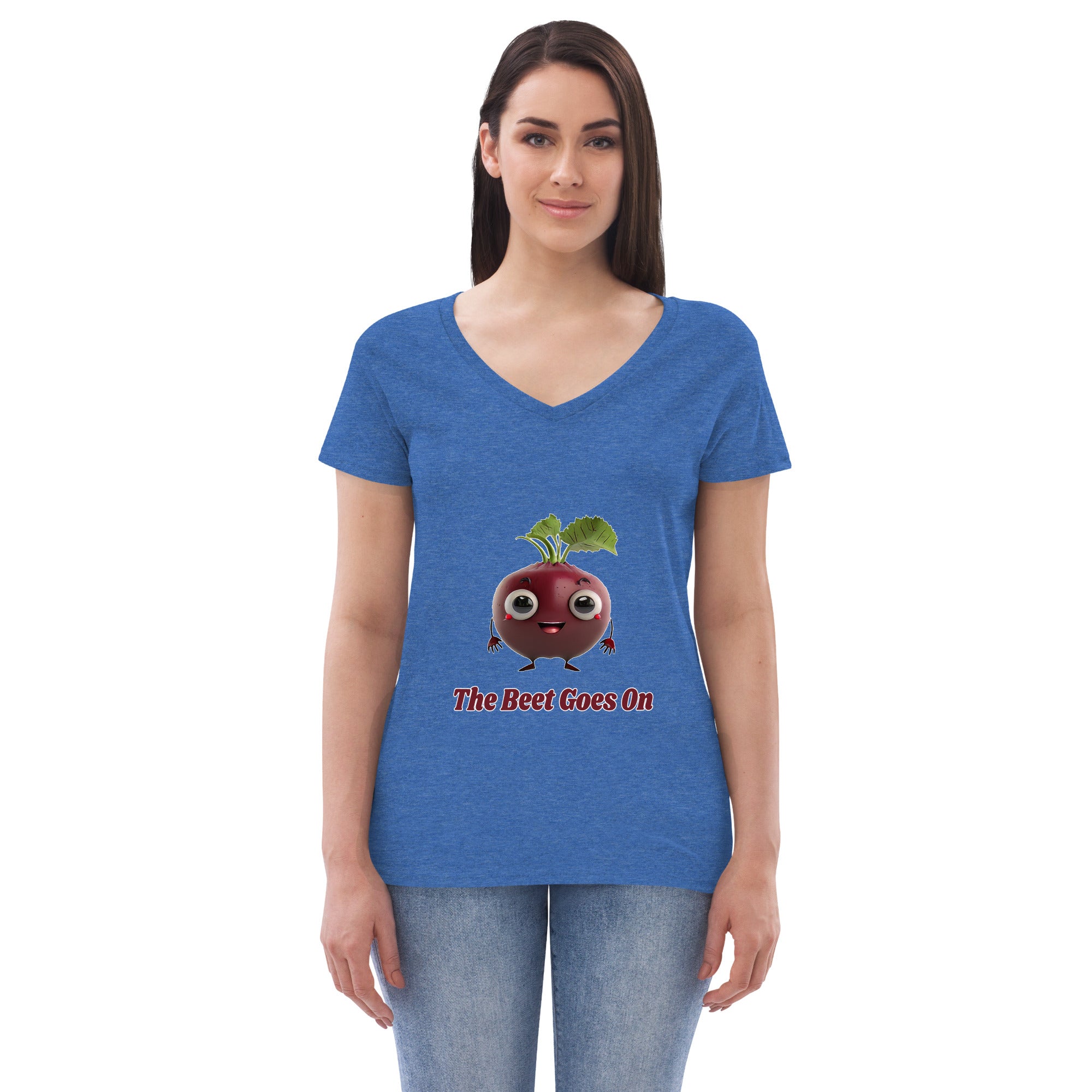 Adorit's The Beet Goes On Women’s 100% recycled blue heather v-neck t-shirt - front | By PhilanthroBit