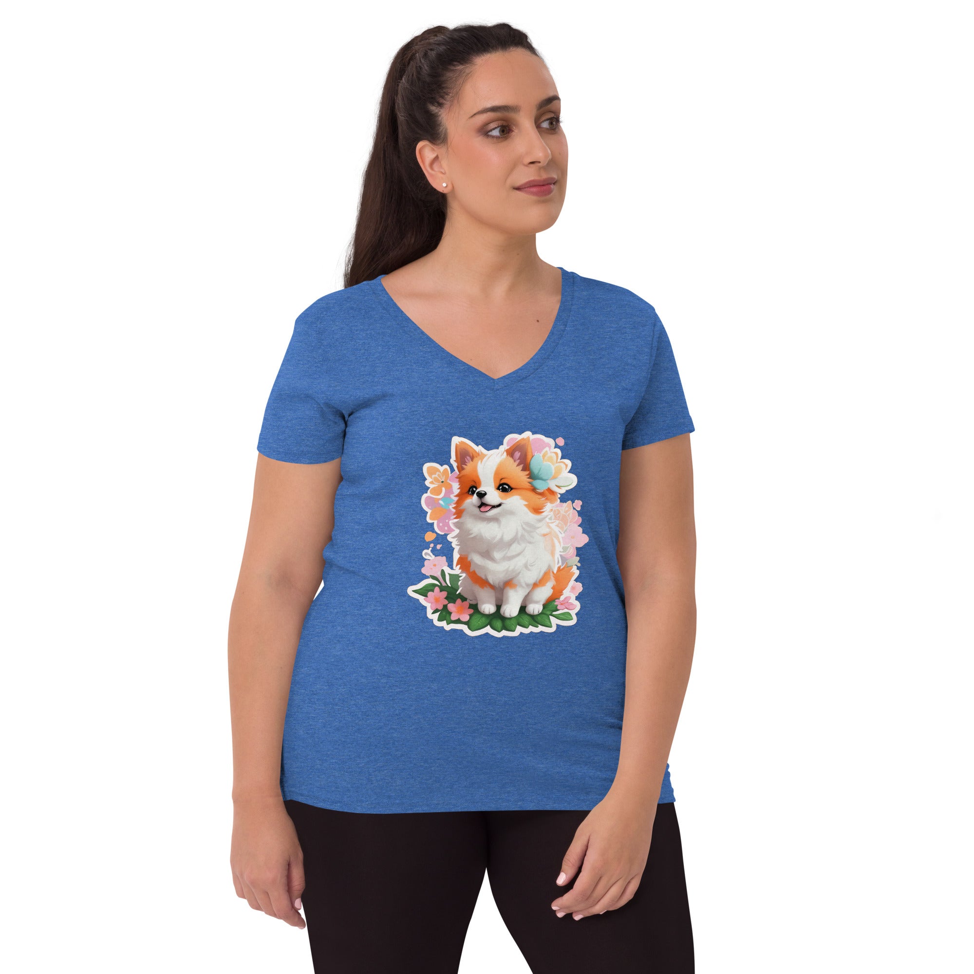 Adorit's Adorable Puppy Women’s Eco Recycled blue heather v-neck t-shirt - front | By PhilanthroBit