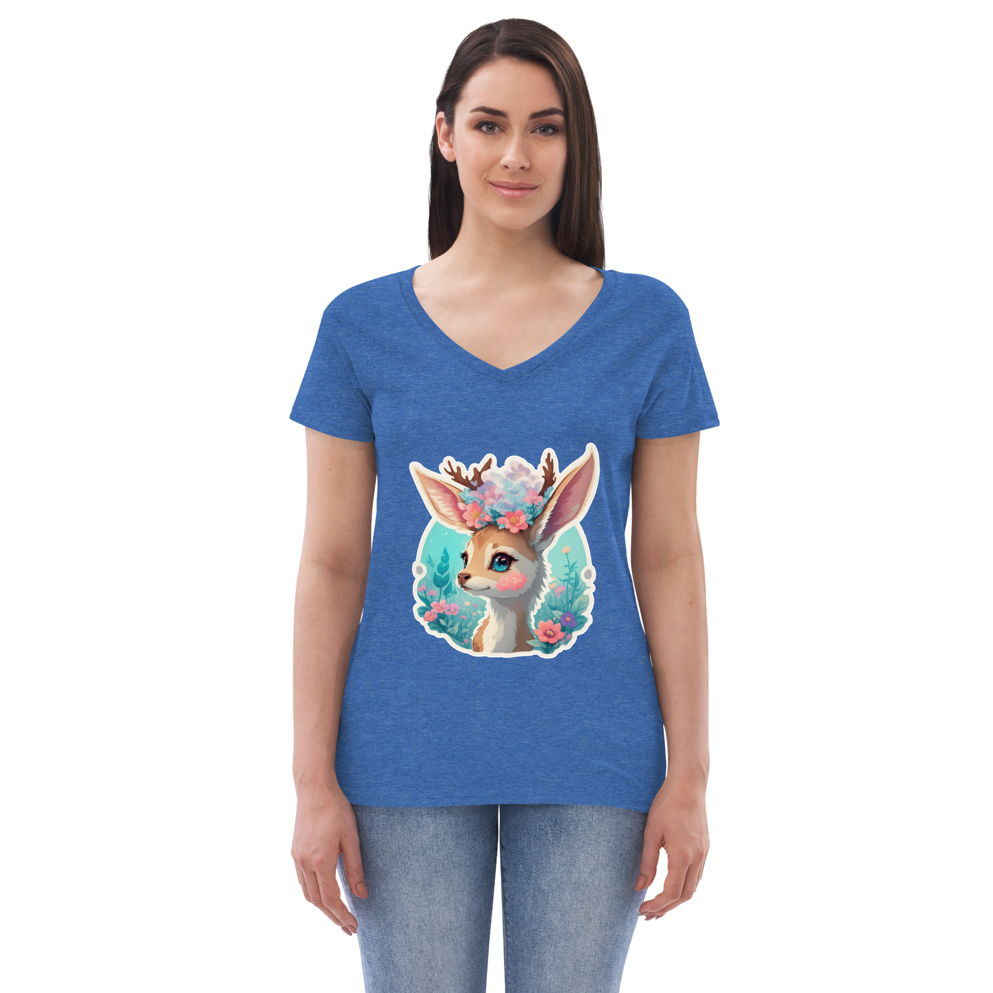 Adorit's Adorable Fawn (deer) with Flowers Eco Women’s 100% recycled blue heather v-neck t-shirt - front