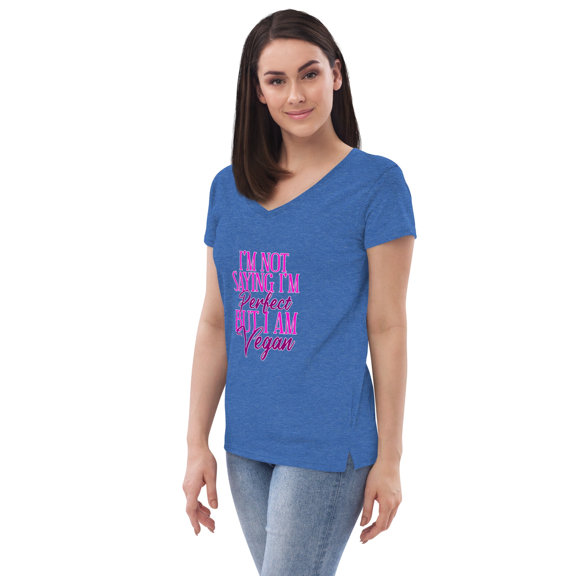 Adorit Perfect Vegan Women’s 100% recycled v-neck blue heather t-shirt - left side | By PhilanthroBit