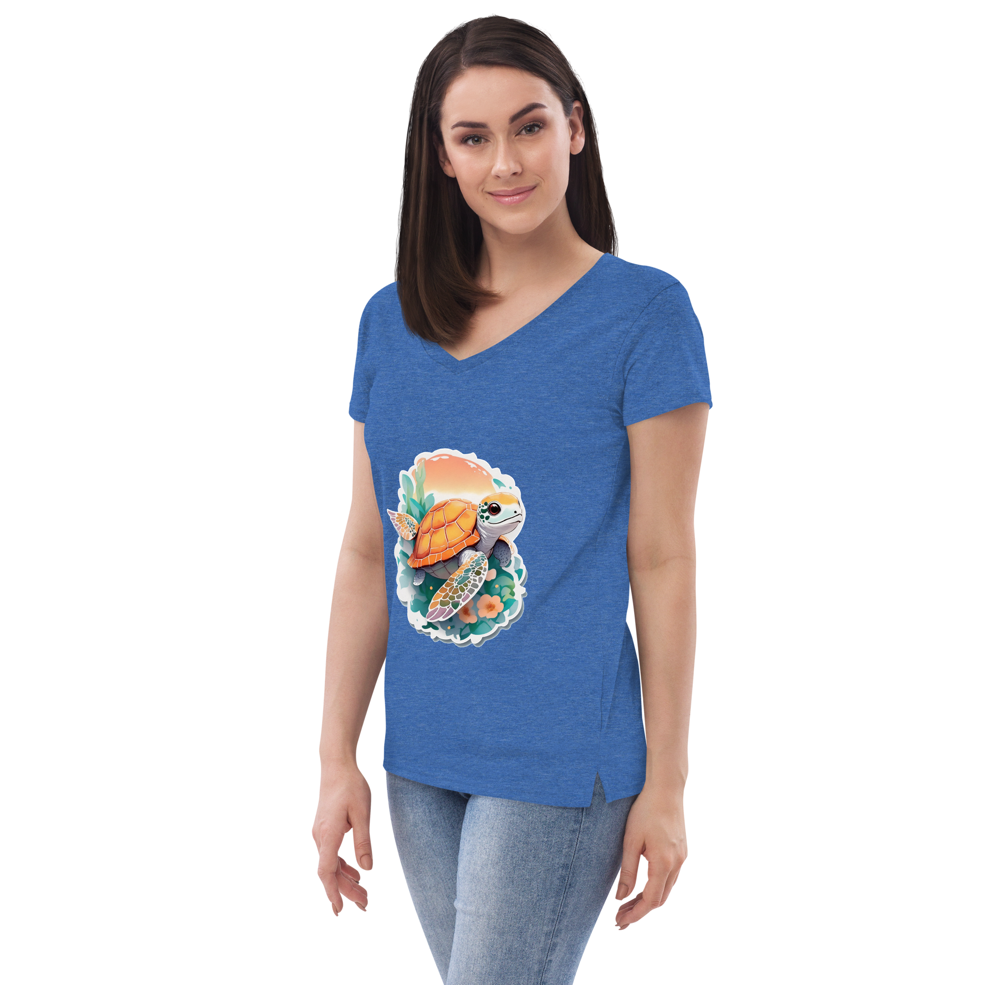 Adorit Sea Turtle Women’s 100% recycled blue heather v-neck t-shirt - left front | By PhilanthroBit