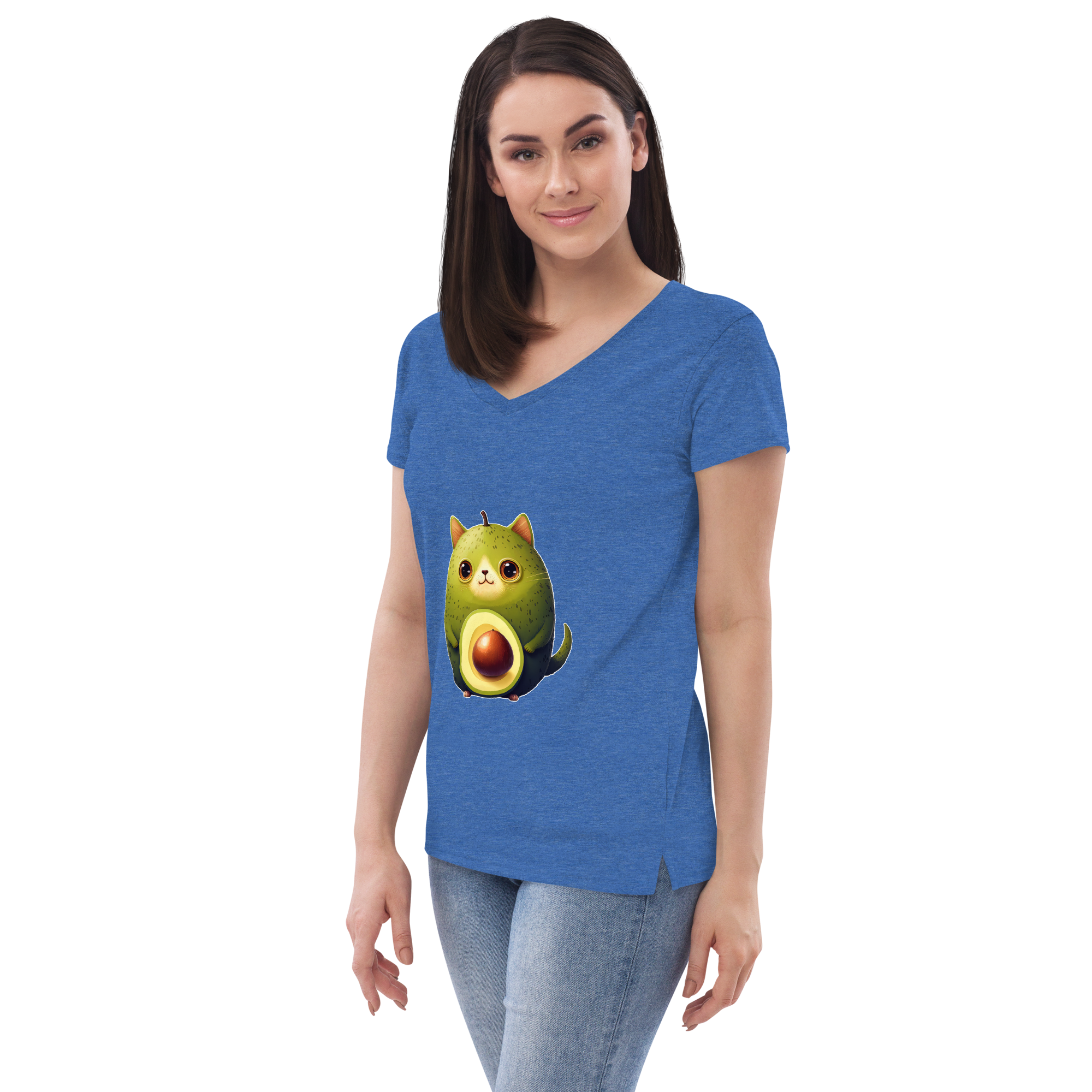 Adorit's Avocat (Avocado-Cat) Women’s 100% recycled v-neck t-shirt - blue heather left front | By PhilanthroBit