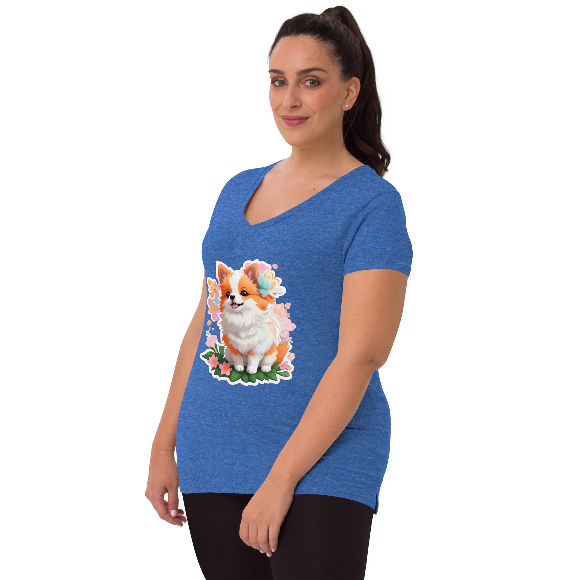 Adorit's Adorable Puppy Women’s Eco Recycled blue heather v-neck t-shirt - left front | By PhilanthroBit