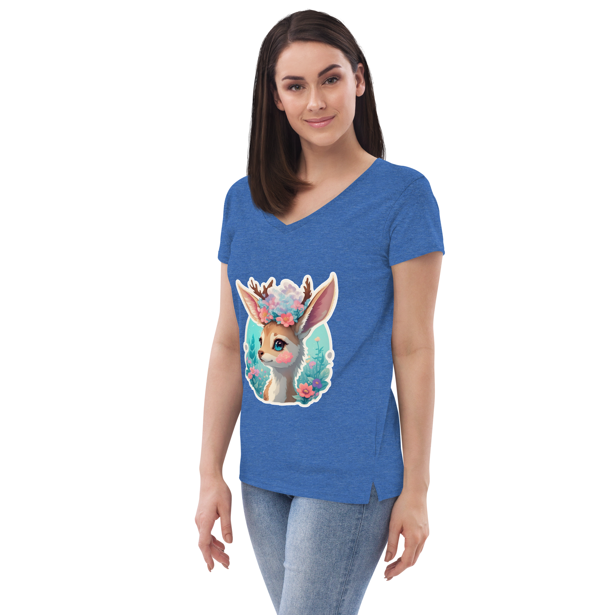 Adorit's Adorable Fawn (deer) with Flowers Eco Women’s 100% recycled blue heather v-neck t-shirt - left front