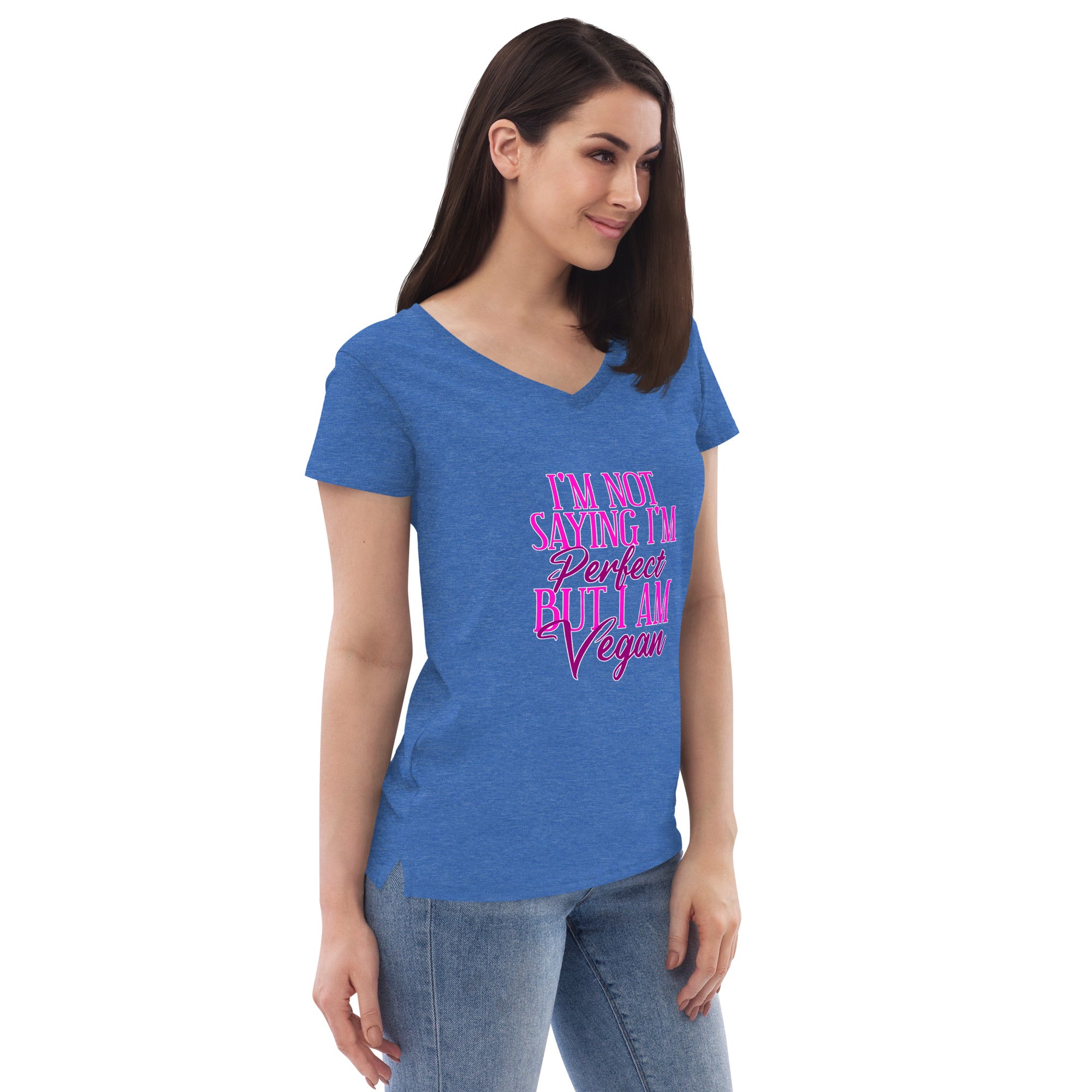 Adorit Perfect Vegan Women’s 100% recycled v-neck blue heather t-shirt - right side | By PhilanthroBit