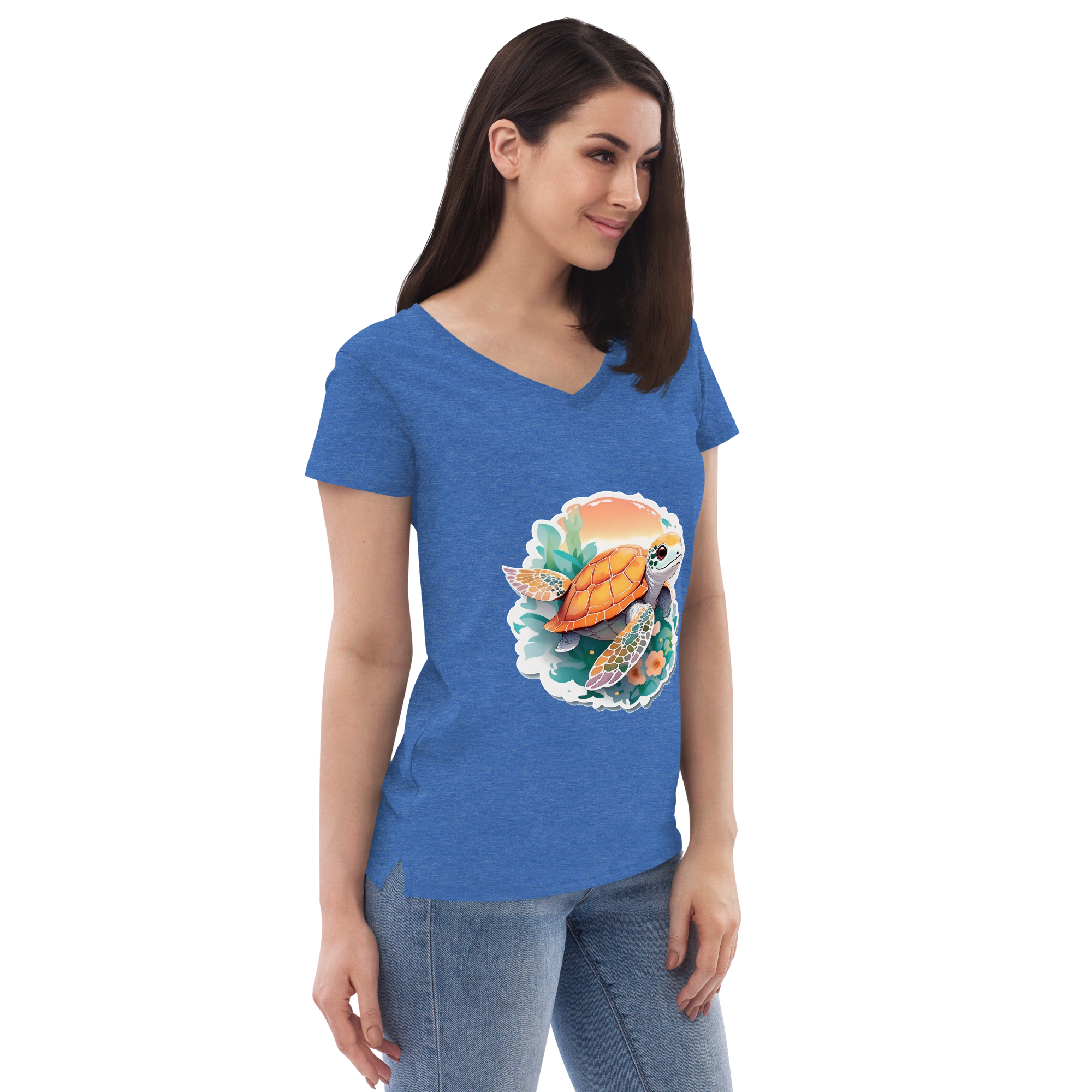 Adorit Sea Turtle Women’s 100% recycled blue heather v-neck t-shirt - right front | By PhilanthroBit