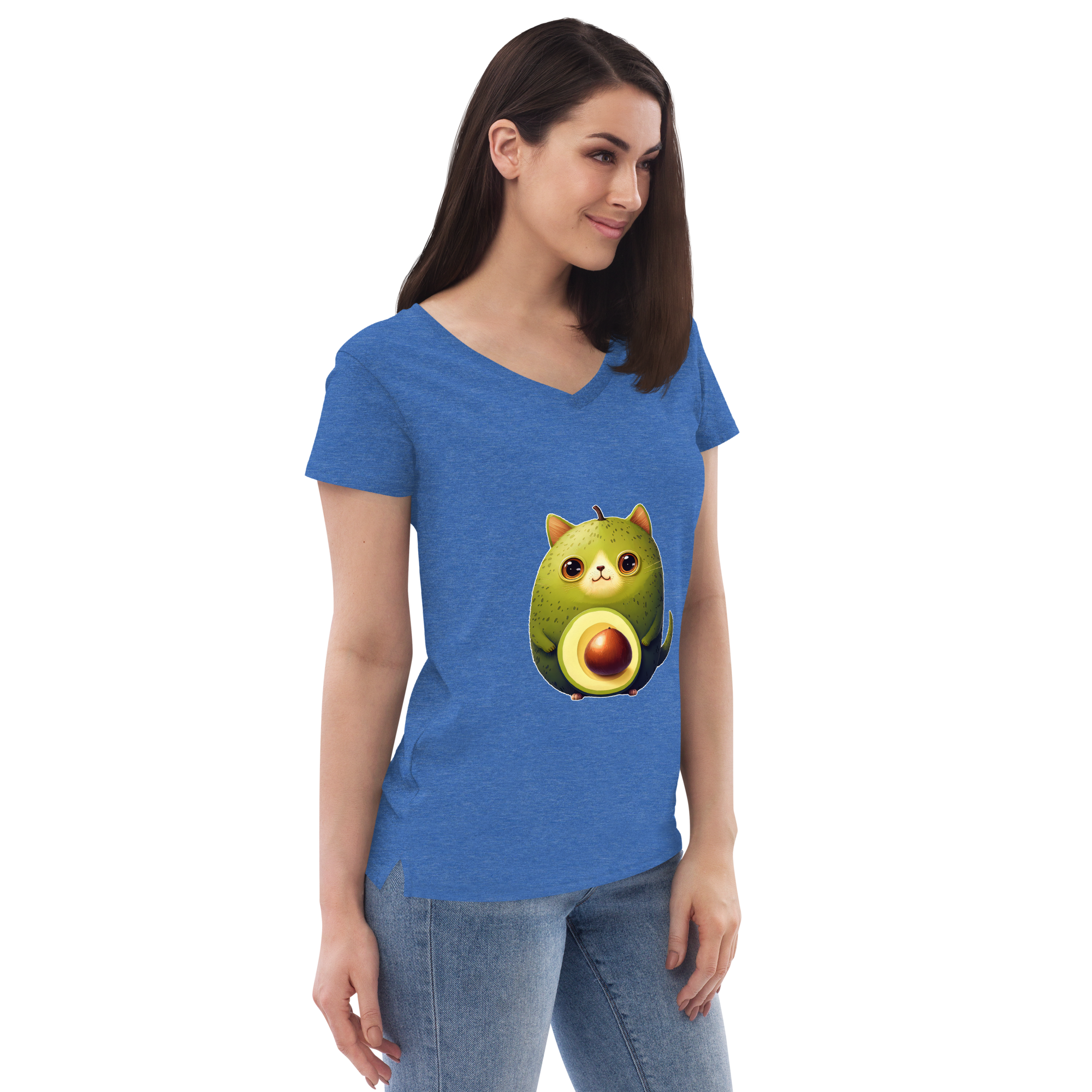 Adorit's Avocat (Avocado-Cat) Women’s 100% recycled v-neck t-shirt - blue heather right front | By PhilanthroBit