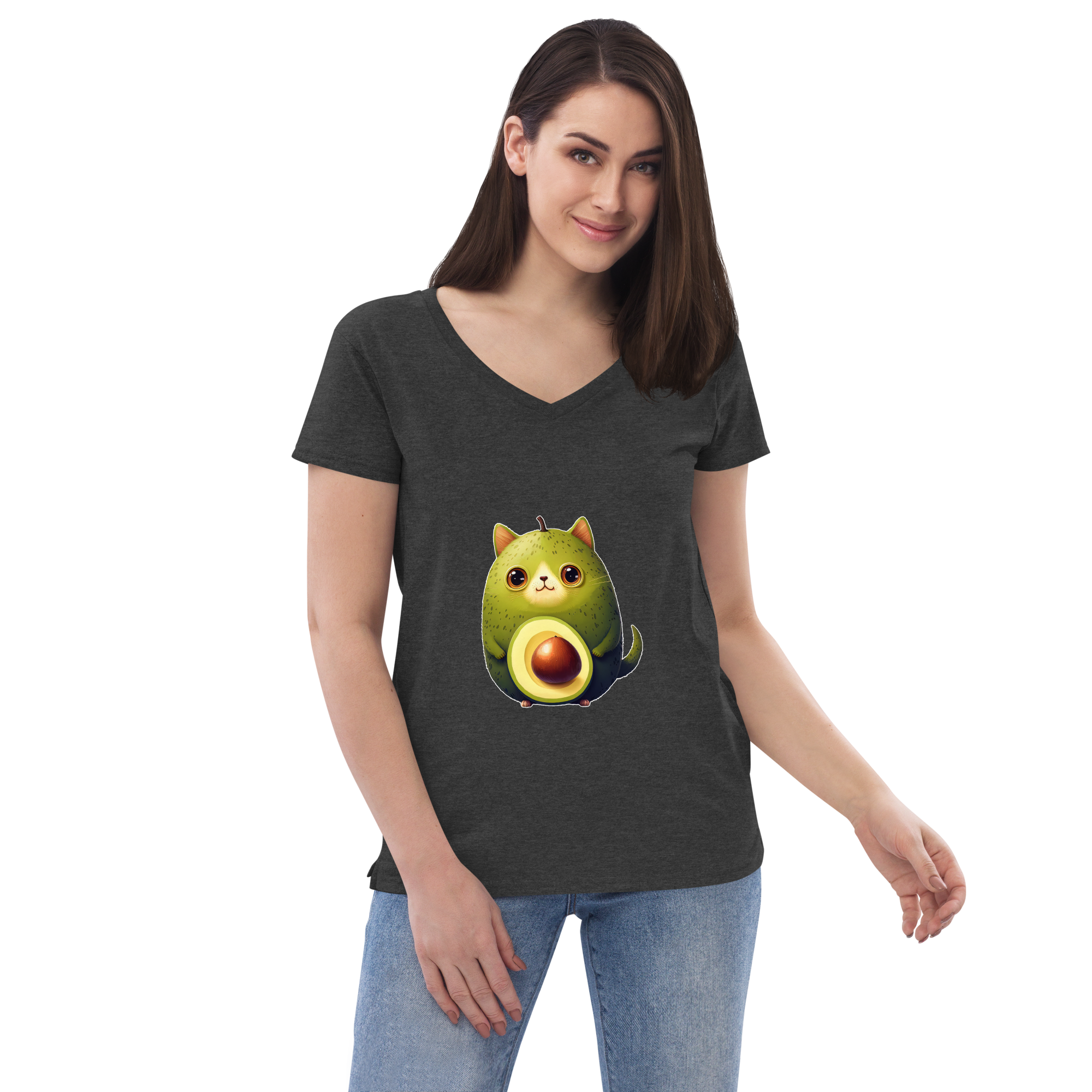 Adorit's Avocat (Avocado-Cat) Women’s 100% recycled v-neck t-shirt - charcoal heather grey front 2 | By PhilanthroBit