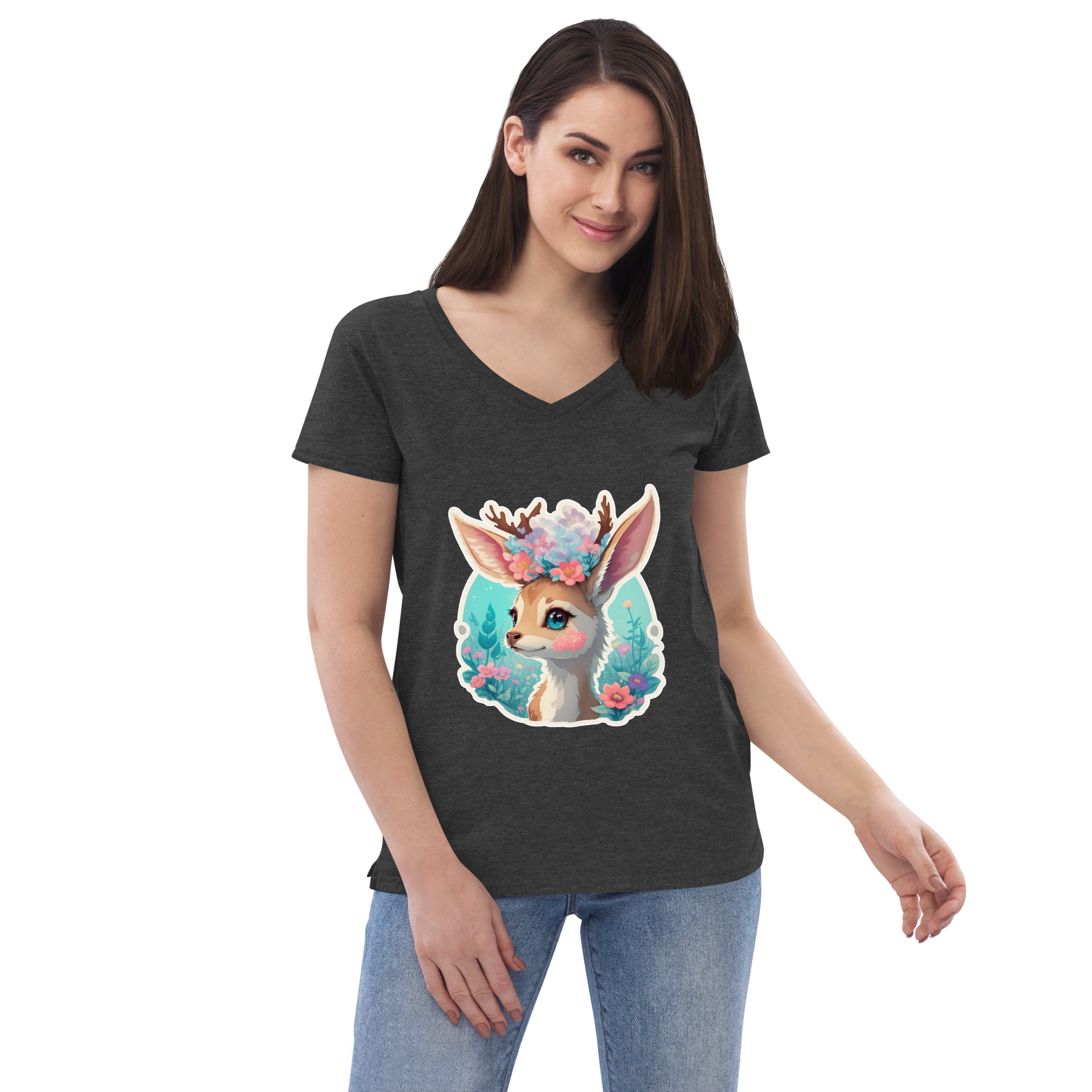 Adorit's Adorable Fawn (deer) with Flowers Eco Women’s 100% recycled charcoal heather grey v-neck t-shirt - front 2