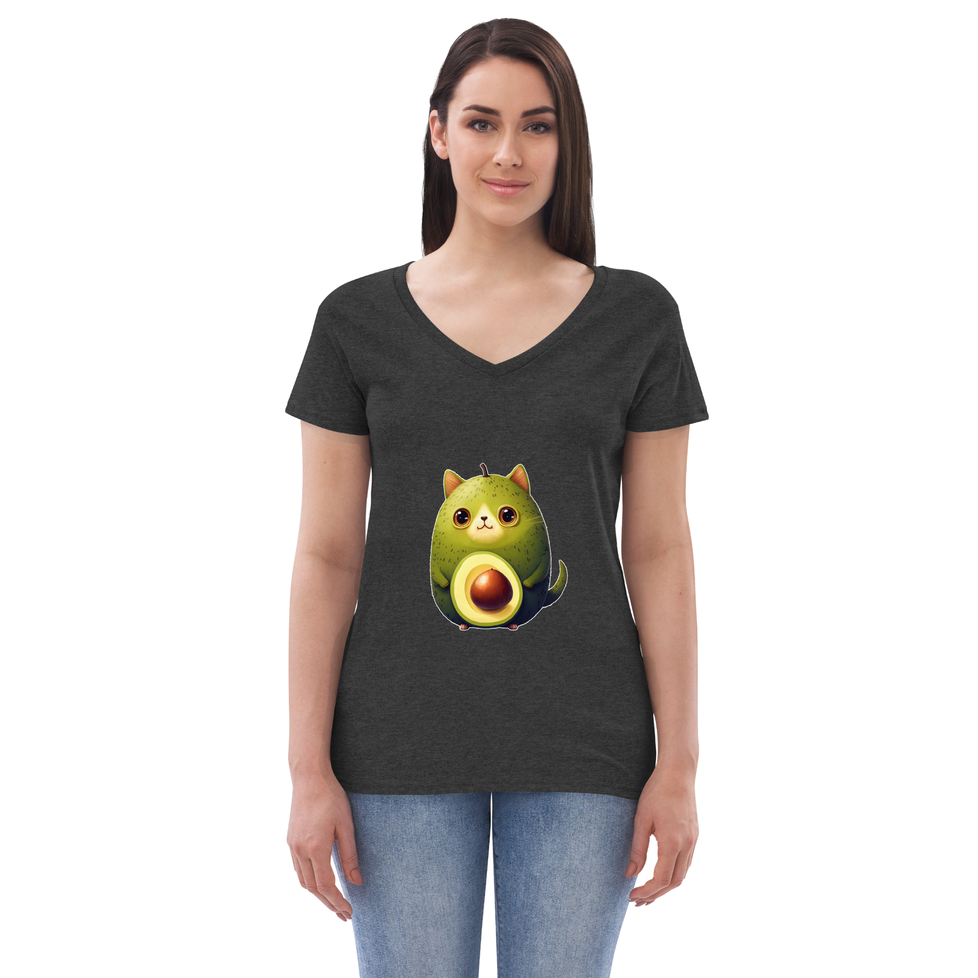 Adorit's Avocat (Avocado-Cat) Women’s 100% recycled v-neck t-shirt - charcoal heather grey front | By PhilanthroBit