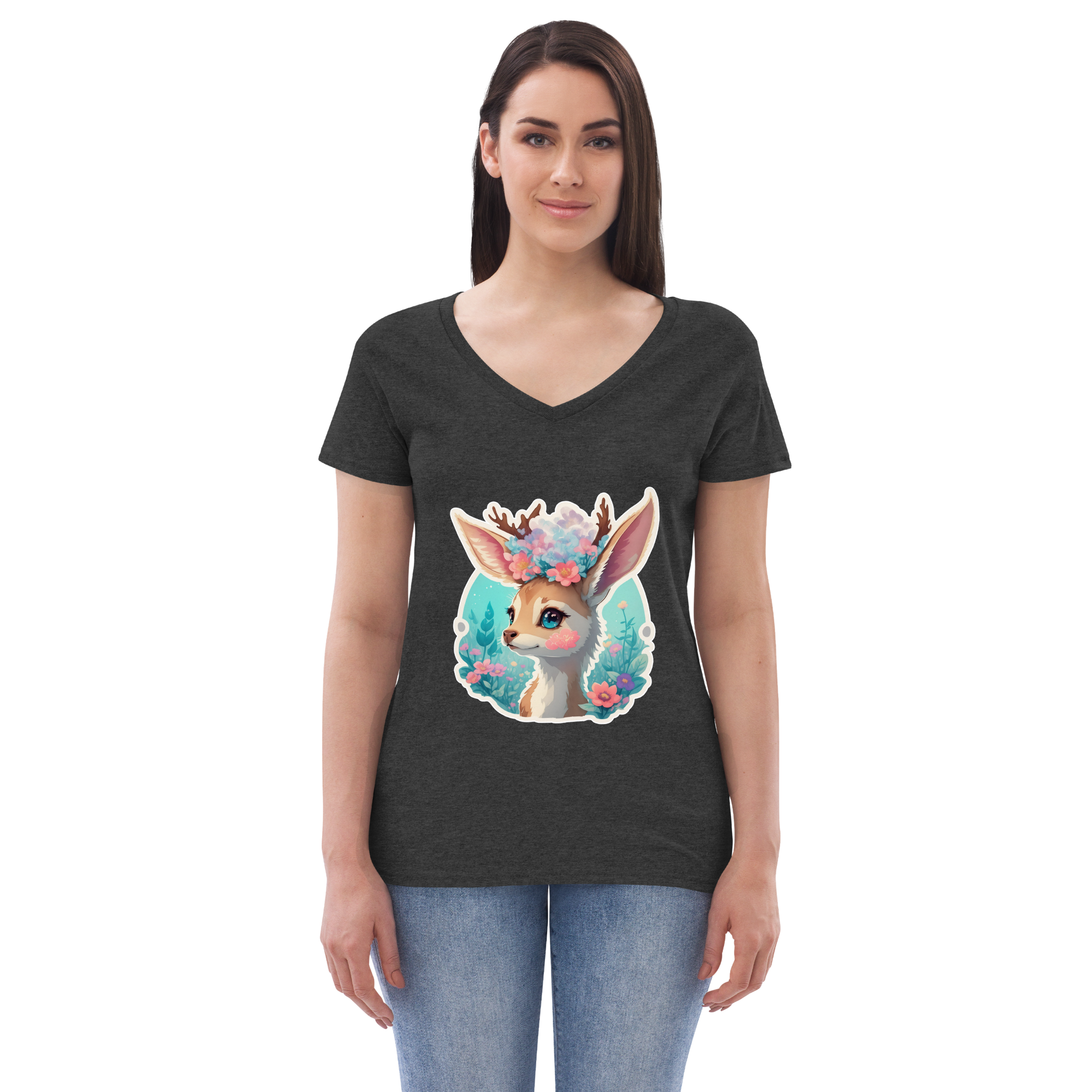 Adorit's Adorable Fawn (deer) with Flowers Eco Women’s 100% recycled charcoal heather grey v-neck t-shirt - front