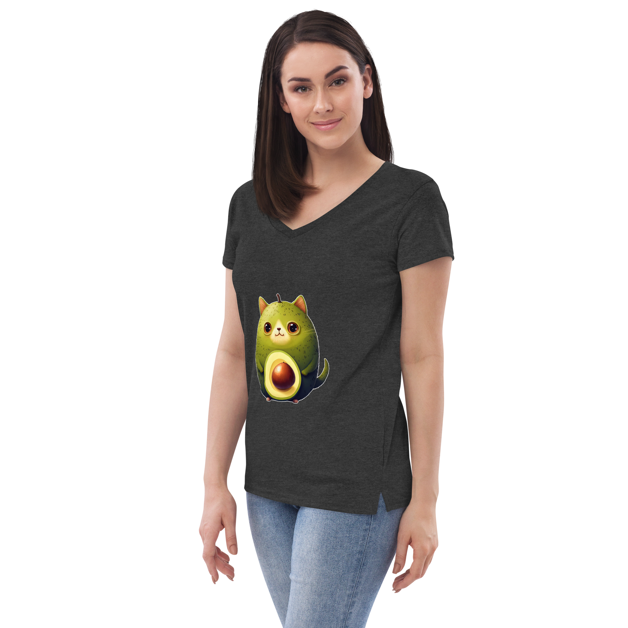 Adorit's Avocat (Avocado-Cat) Women’s 100% recycled v-neck t-shirt - charcoal heather grey left front | By PhilanthroBit