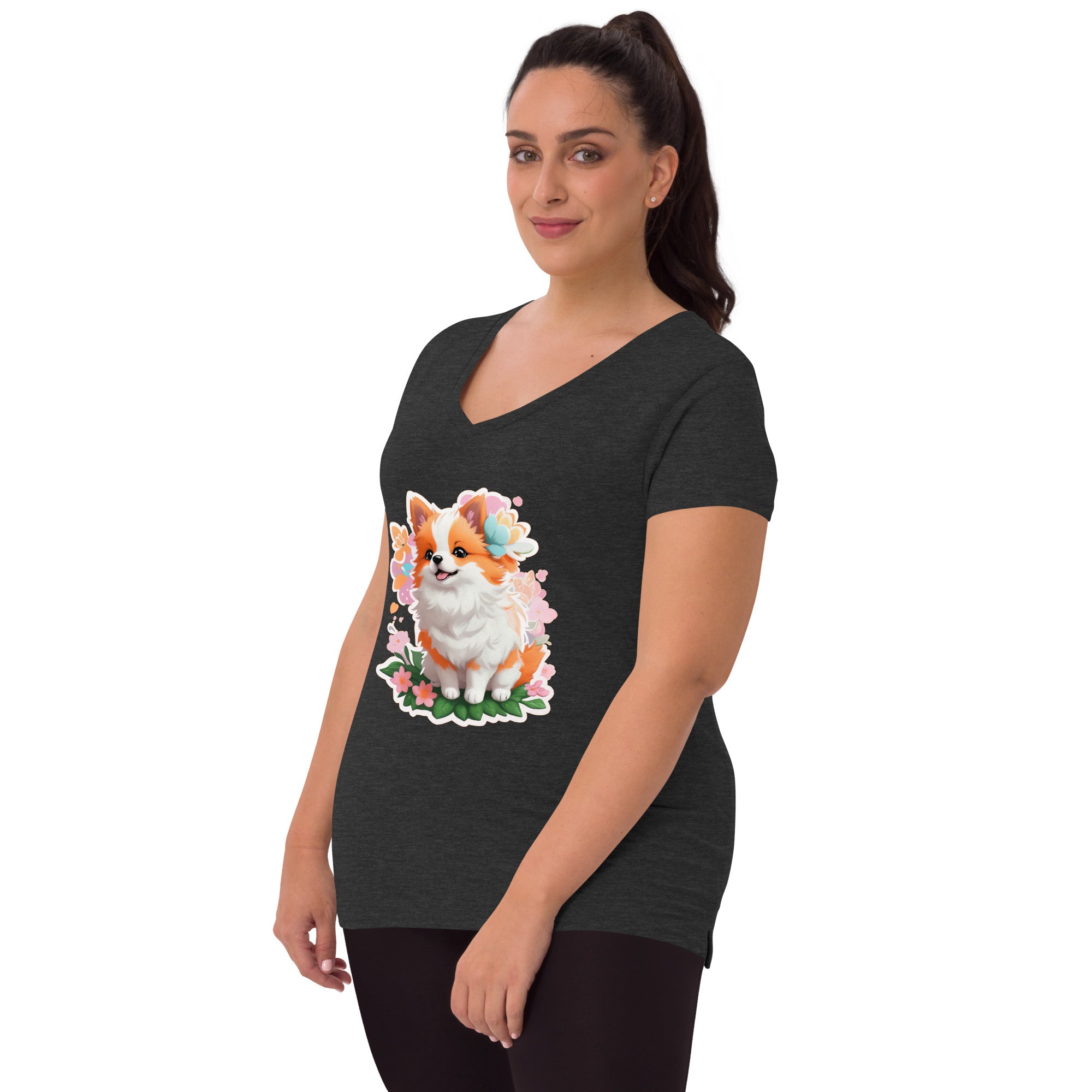 Adorit's Adorable Puppy Women’s Eco Recycled charcoal heather grey v-neck t-shirt - left front | By PhilanthroBit