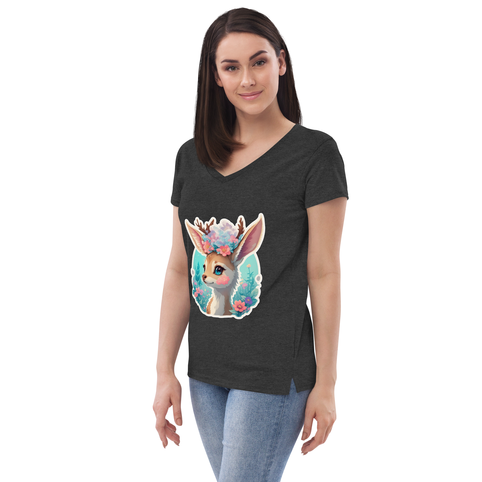 Adorit's Adorable Fawn (deer) with Flowers Eco Women’s 100% recycled charcoal heather grey v-neck t-shirt - left front