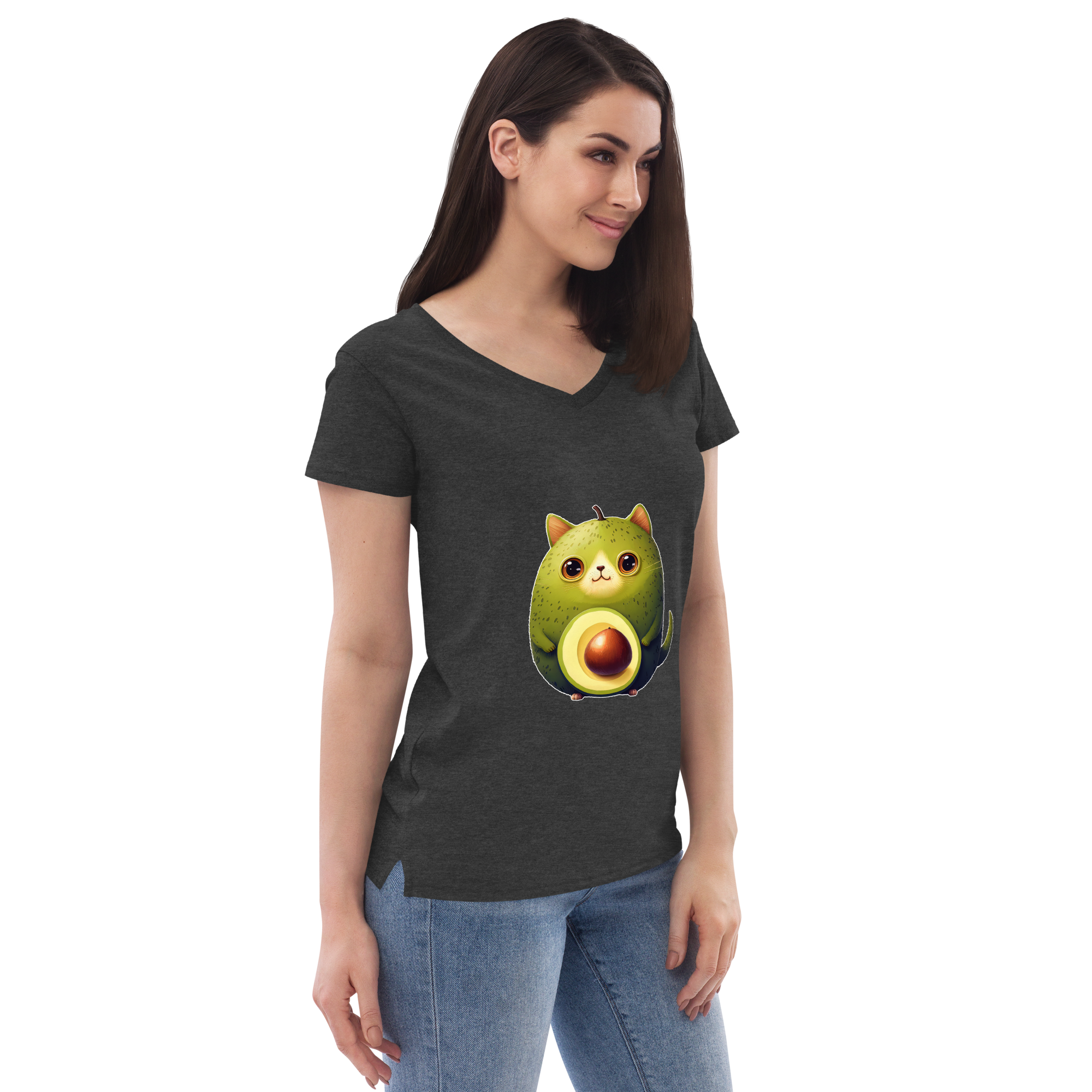 Adorit's Avocat (Avocado-Cat) Women’s 100% recycled v-neck t-shirt - charcoal heather grey right front | By PhilanthroBit