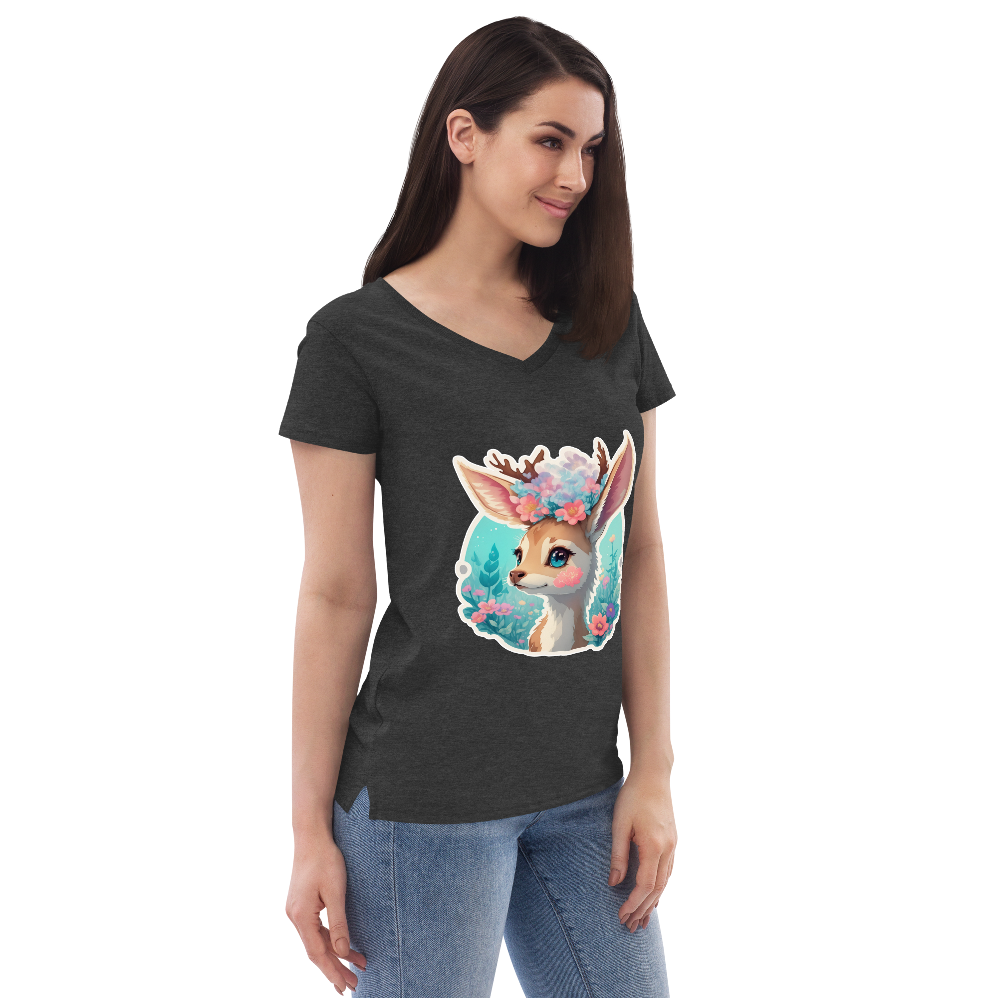 Adorit's Adorable Fawn (deer) with Flowers Eco Women’s 100% recycled charcoal heather grey v-neck t-shirt - right front