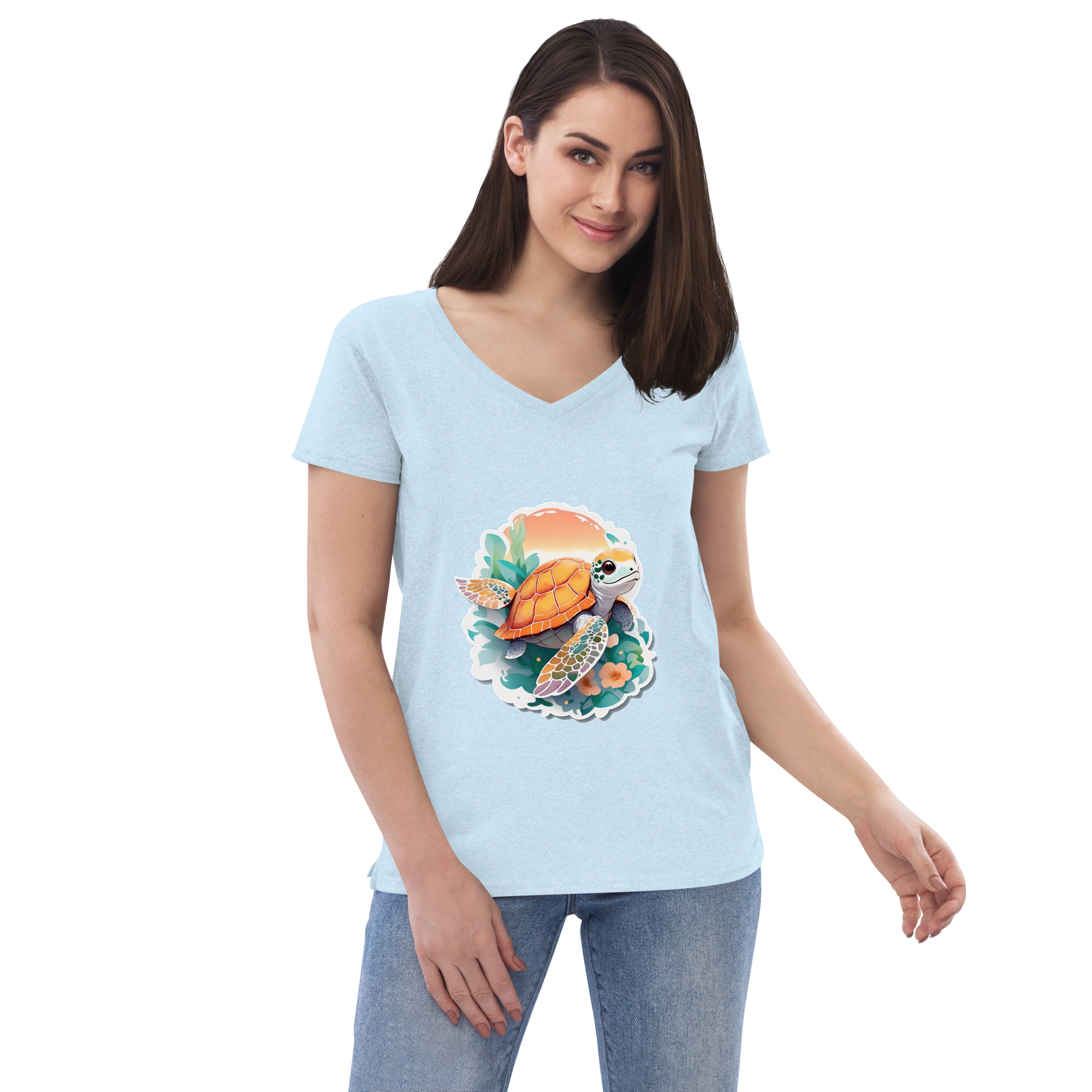 Adorit Sea Turtle Women’s 100% recycled black crystal blue v-neck t-shirt - front 2 | By PhilanthroBit