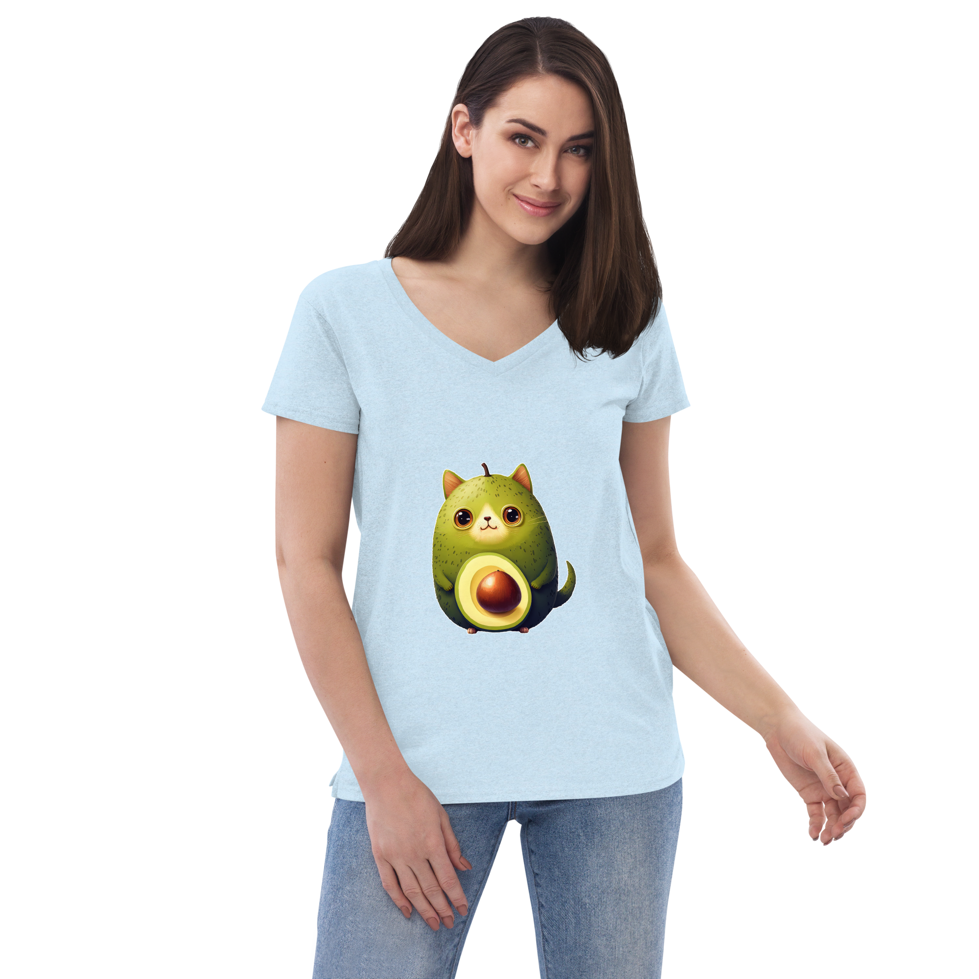 Adorit's Avocat (Avocado-Cat) Women’s 100% recycled v-neck t-shirt - crystal blue front 2 | By PhilanthroBit