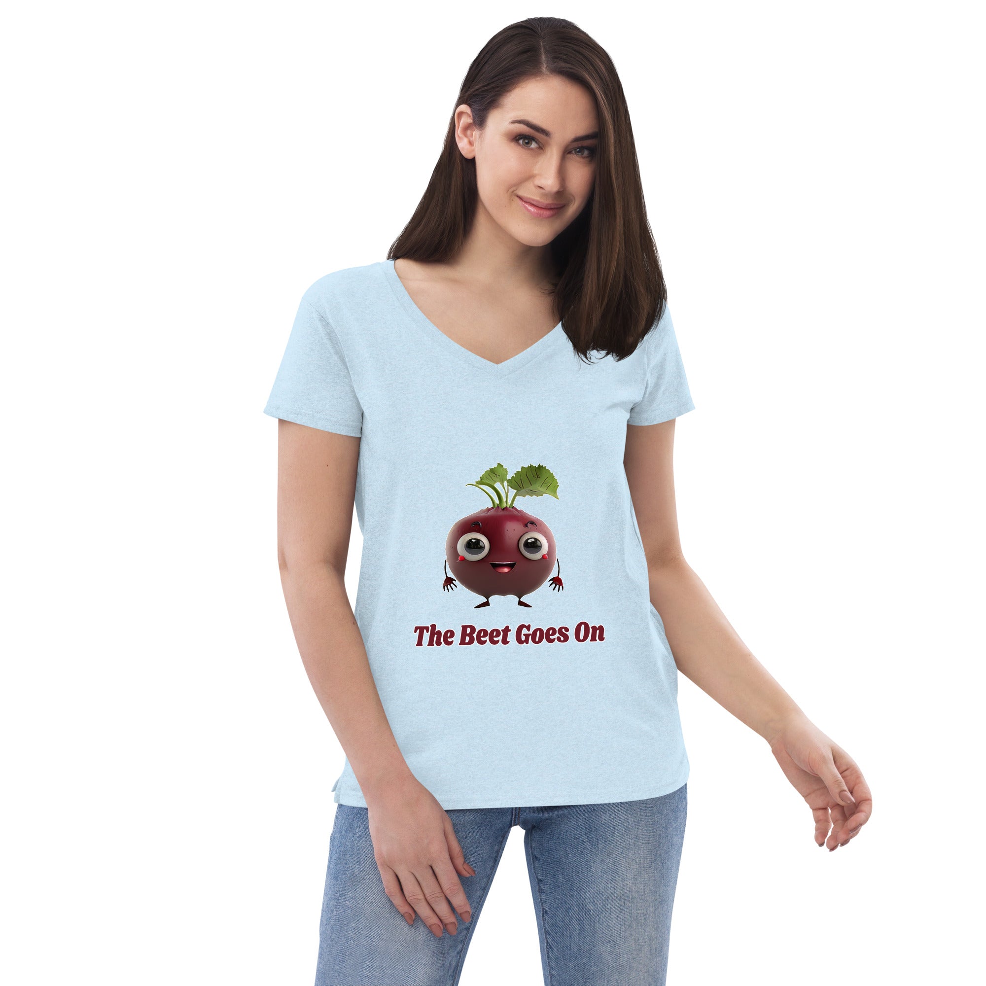 Adorit's The Beet Goes On Women’s 100% recycled crystal blue  v-neck t-shirt - front 2 | By PhilanthroBit