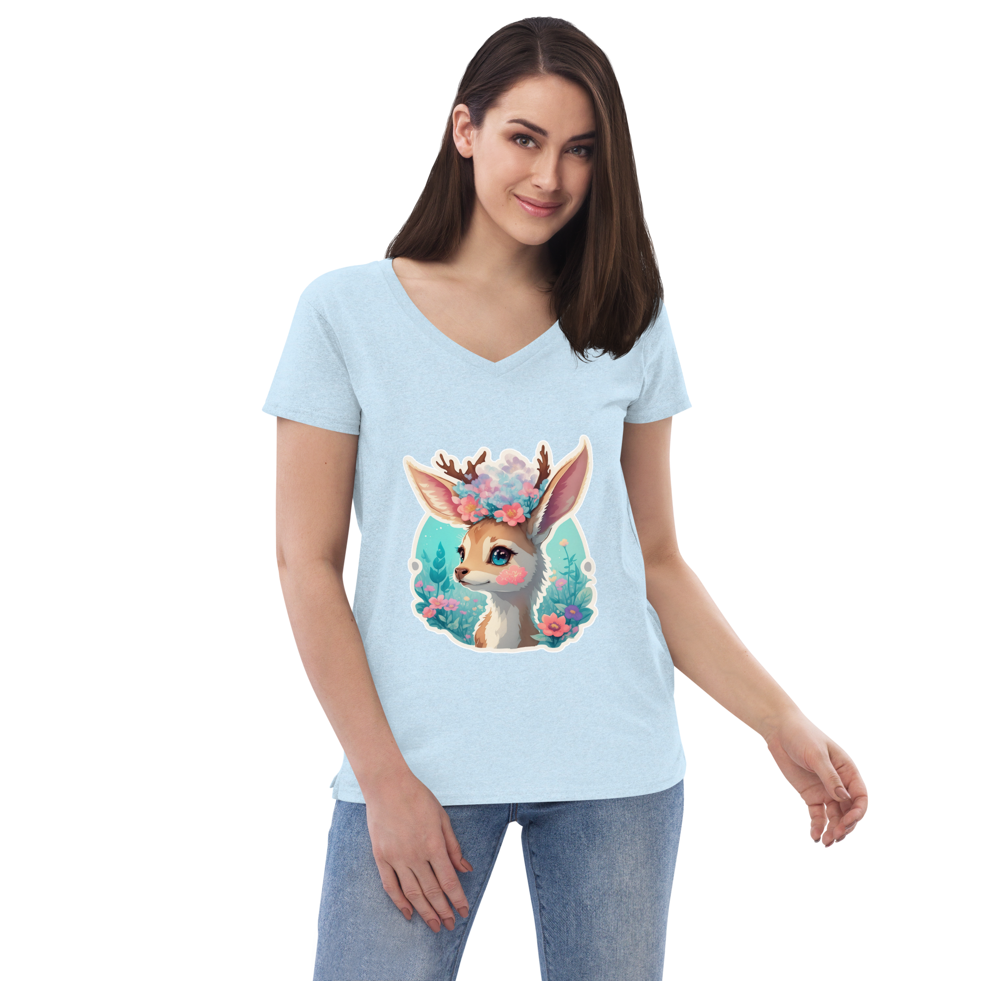 Adorit's Adorable Fawn (deer) with Flowers Eco Women’s 100% recycled crystal blue v-neck t-shirt - front 2