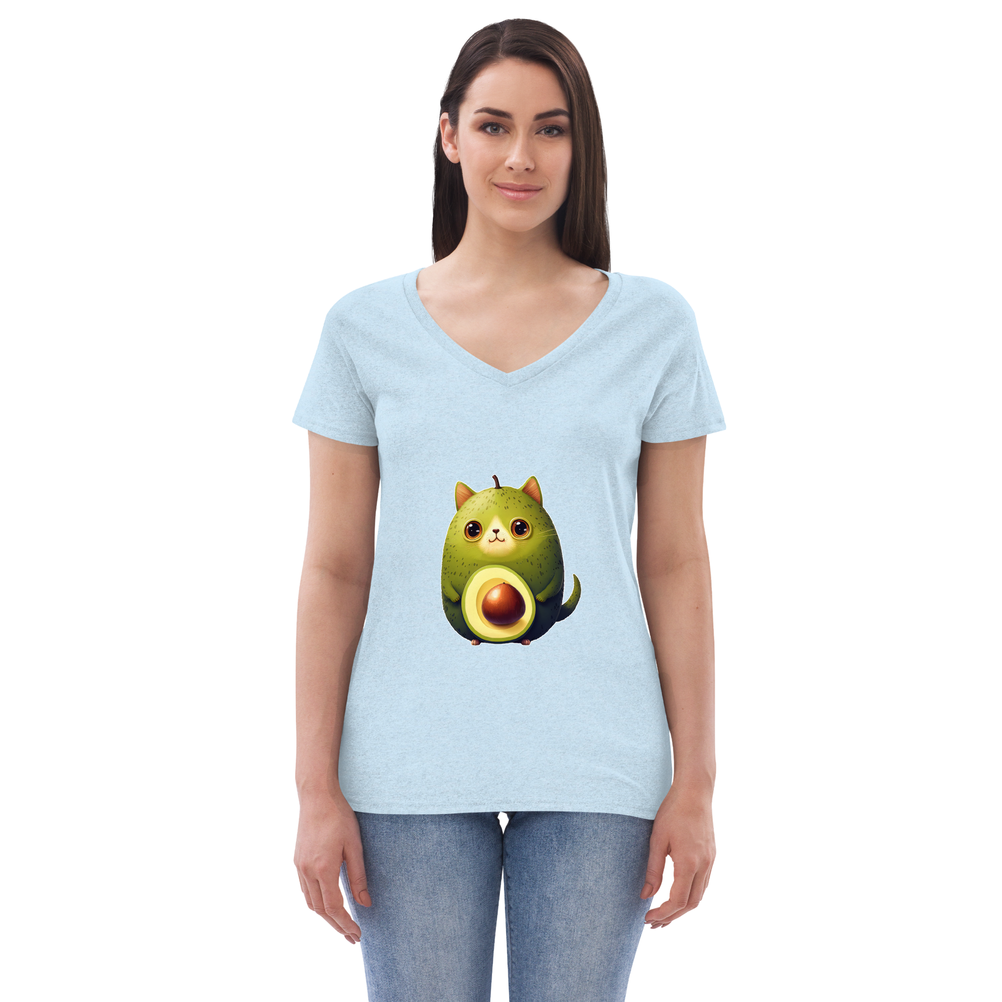 Adorit's Avocat (Avocado-Cat) Women’s 100% recycled v-neck t-shirt - crystal blue front | By PhilanthroBit