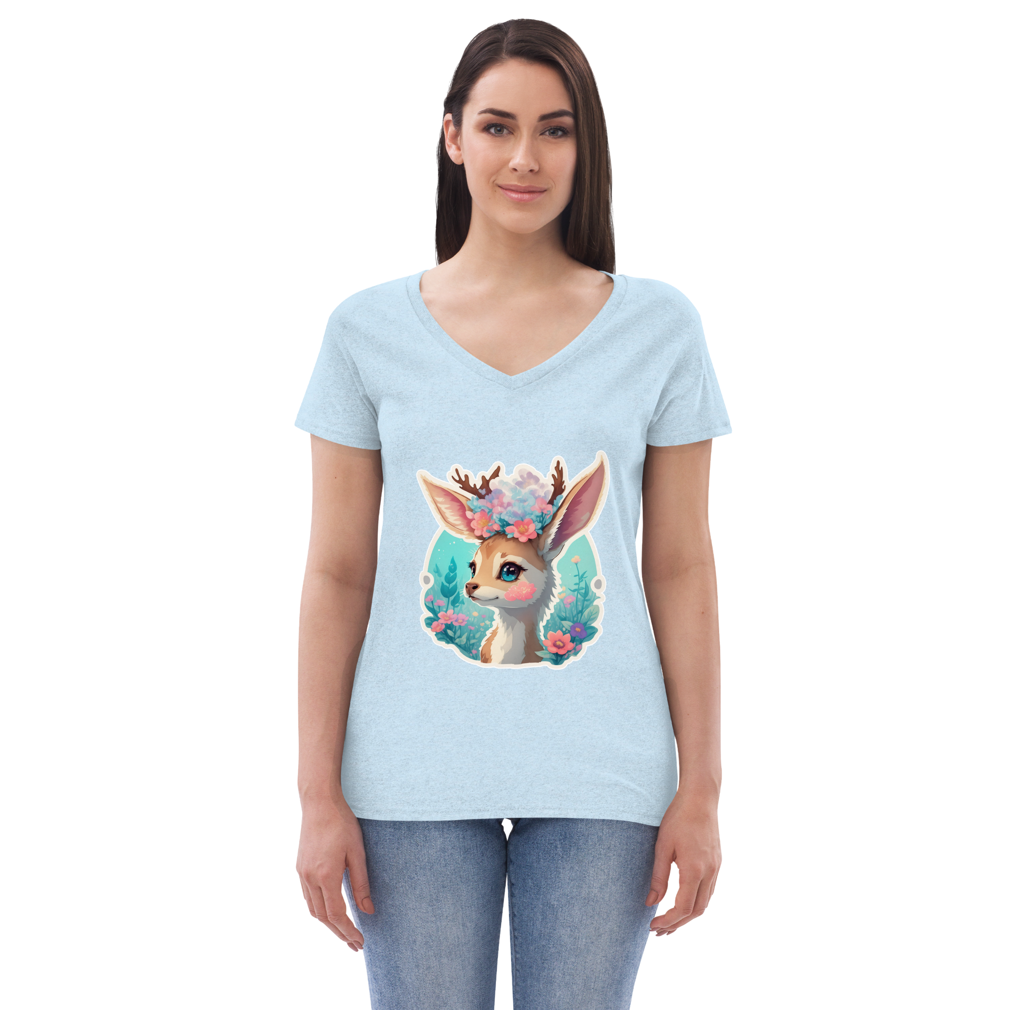 Adorit's Adorable Fawn (deer) with Flowers Eco Women’s 100% recycled crystal blue v-neck t-shirt - front