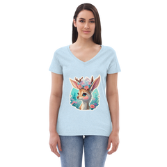 Adorit's Adorable Fawn (deer) with Flowers Eco Women’s 100% recycled crystal blue v-neck t-shirt - front