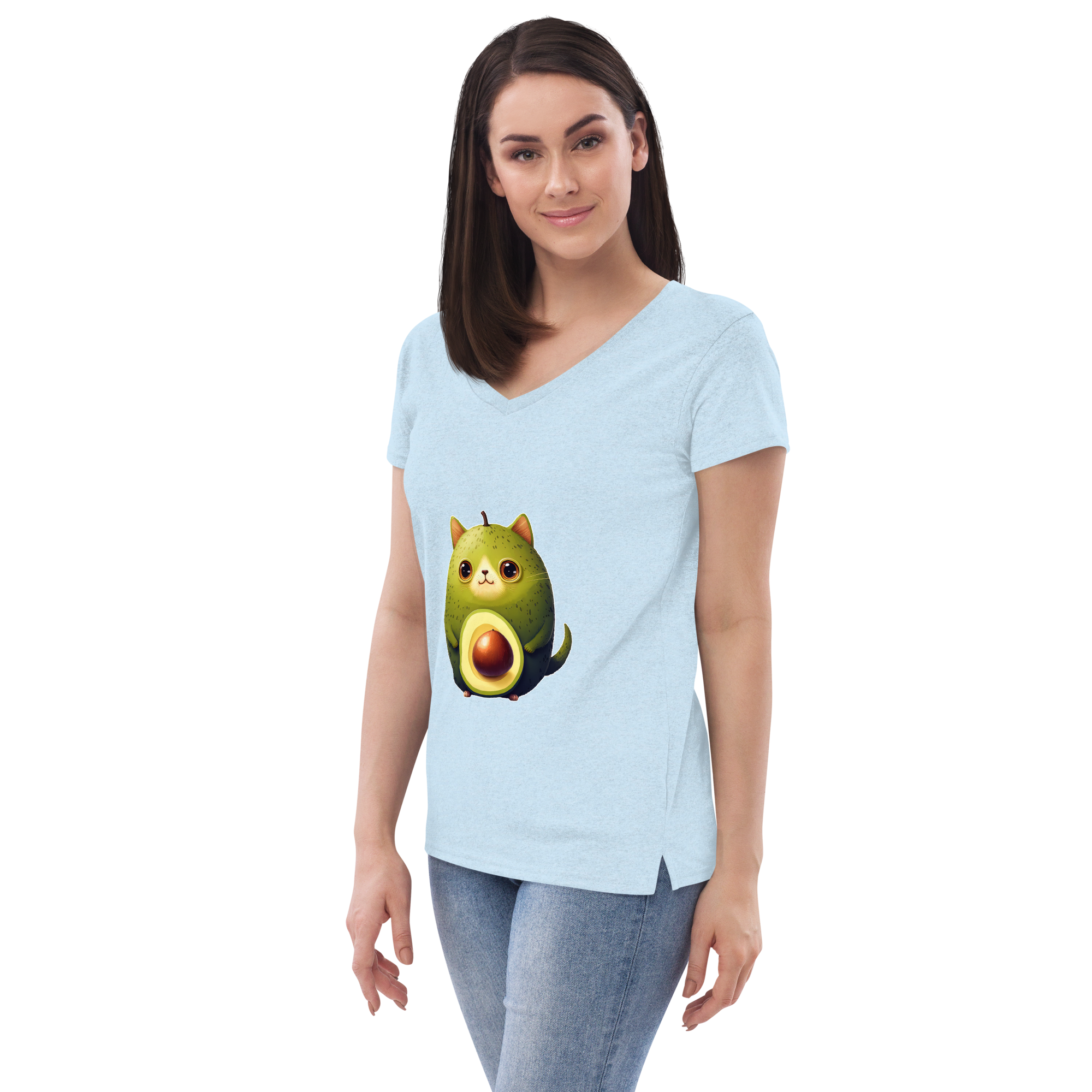 Adorit's Avocat (Avocado-Cat) Women’s 100% recycled v-neck t-shirt - crystal blue left front | By PhilanthroBit