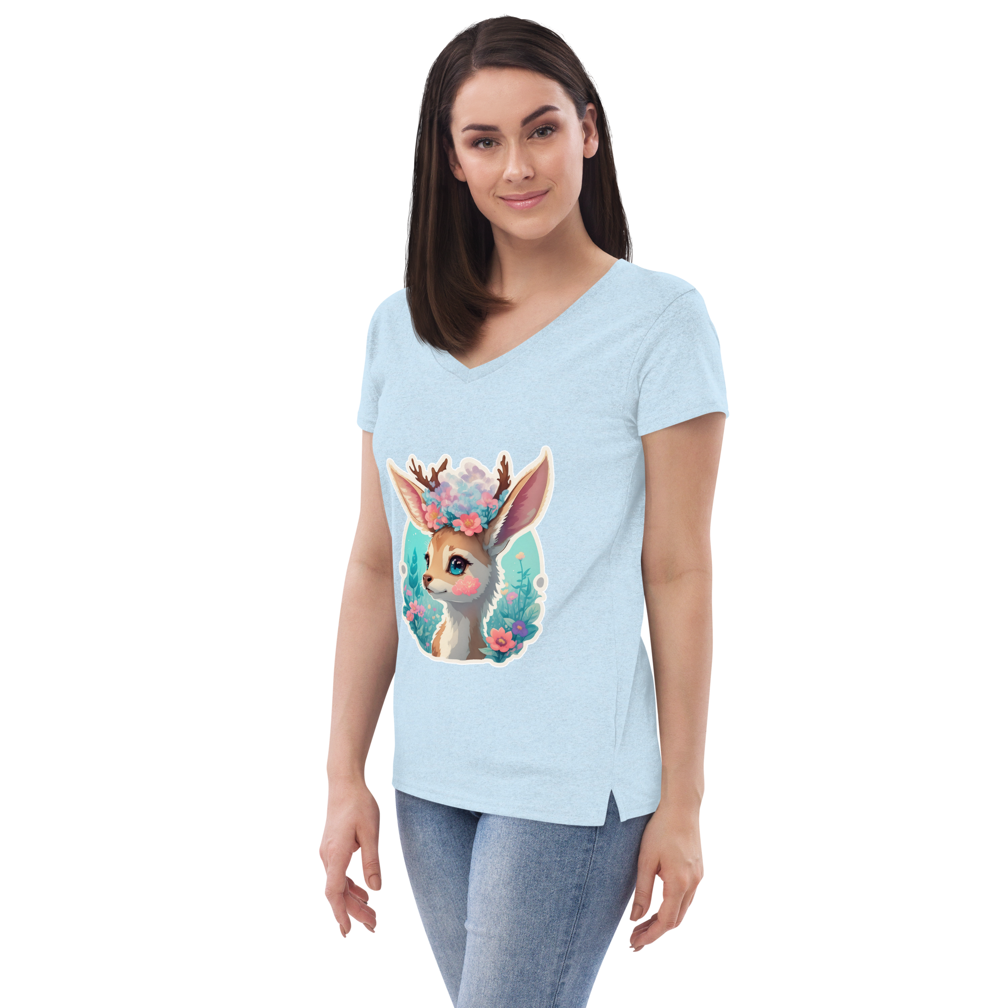 Adorit's Adorable Fawn (deer) with Flowers Eco Women’s 100% recycled crystal blue v-neck t-shirt - left front