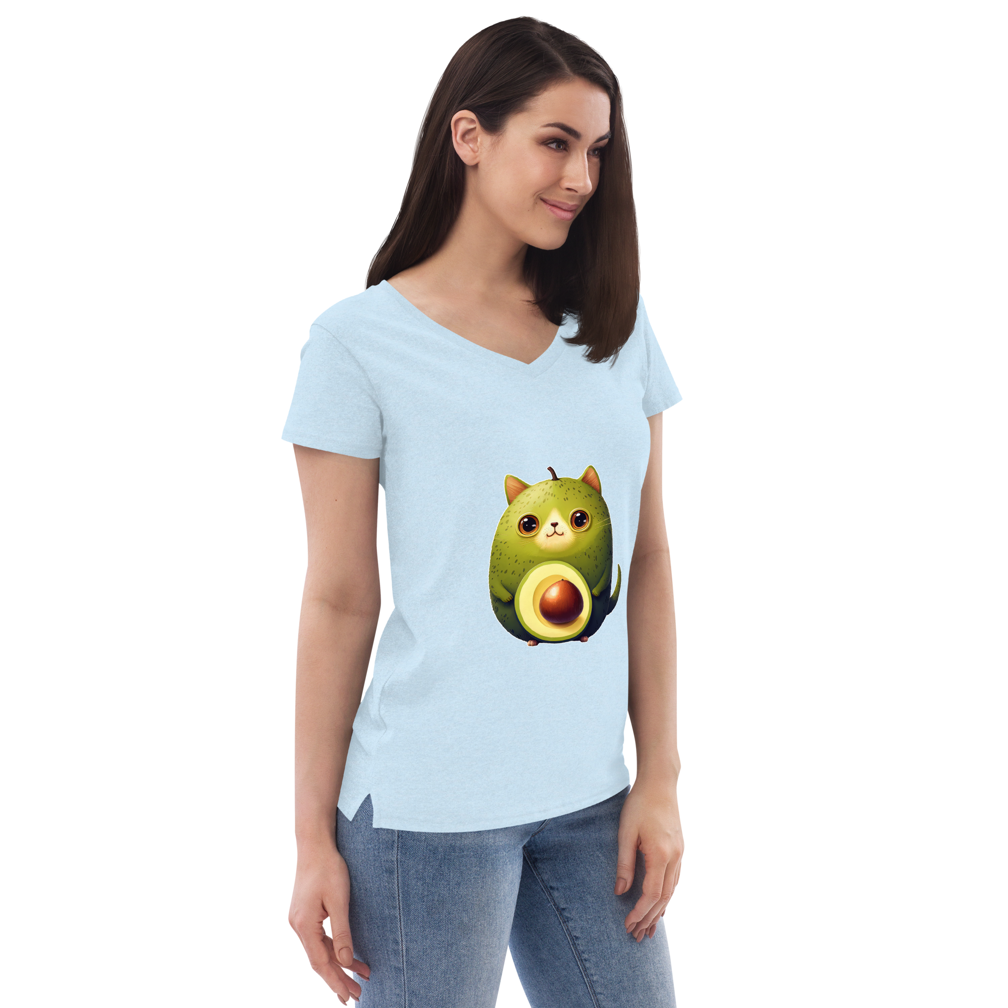 Adorit's Avocat (Avocado-Cat) Women’s 100% recycled v-neck t-shirt - crystal blue right front | By PhilanthroBit