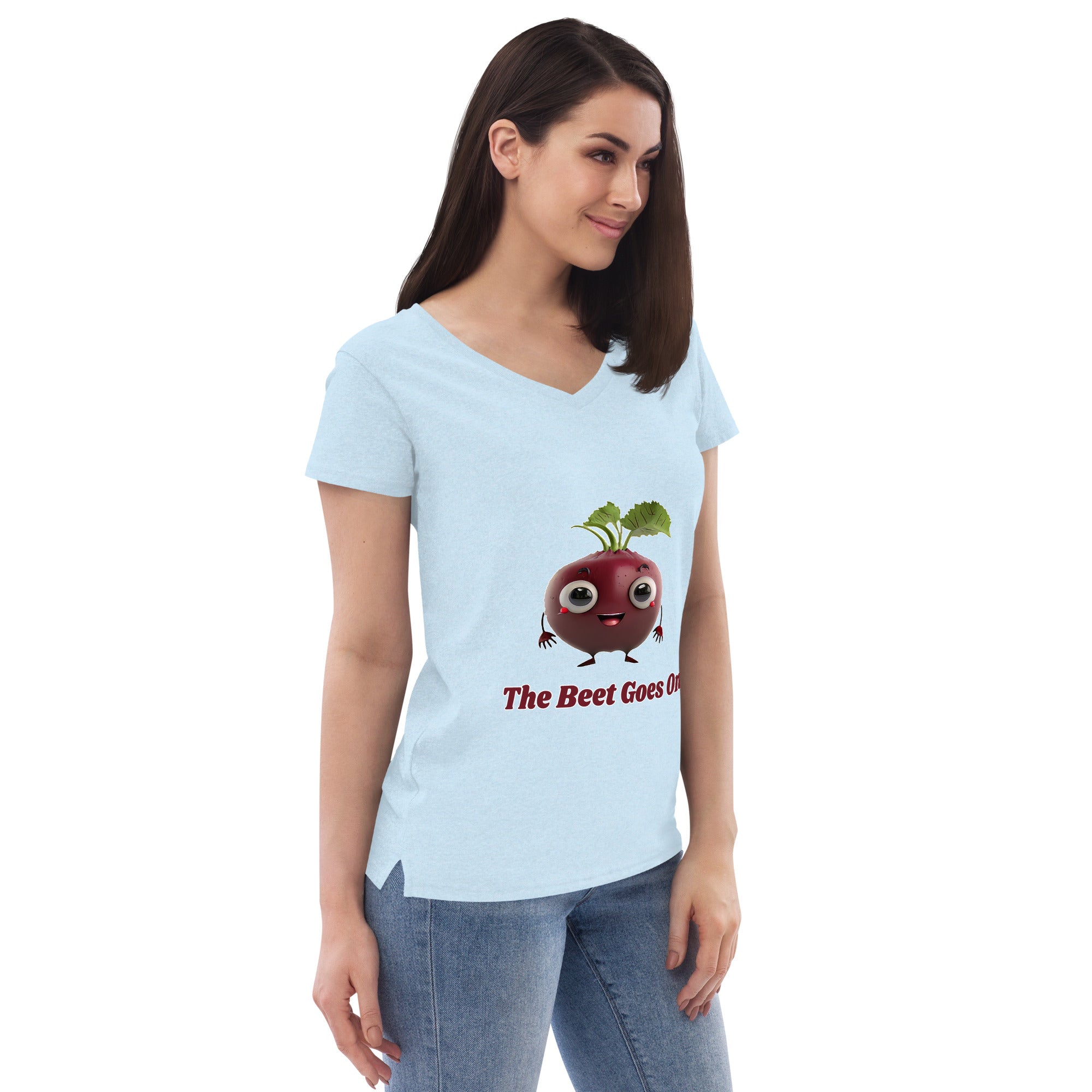 Adorit's The Beet Goes On Women’s 100% recycled crystal blue  v-neck t-shirt - right front | By PhilanthroBit