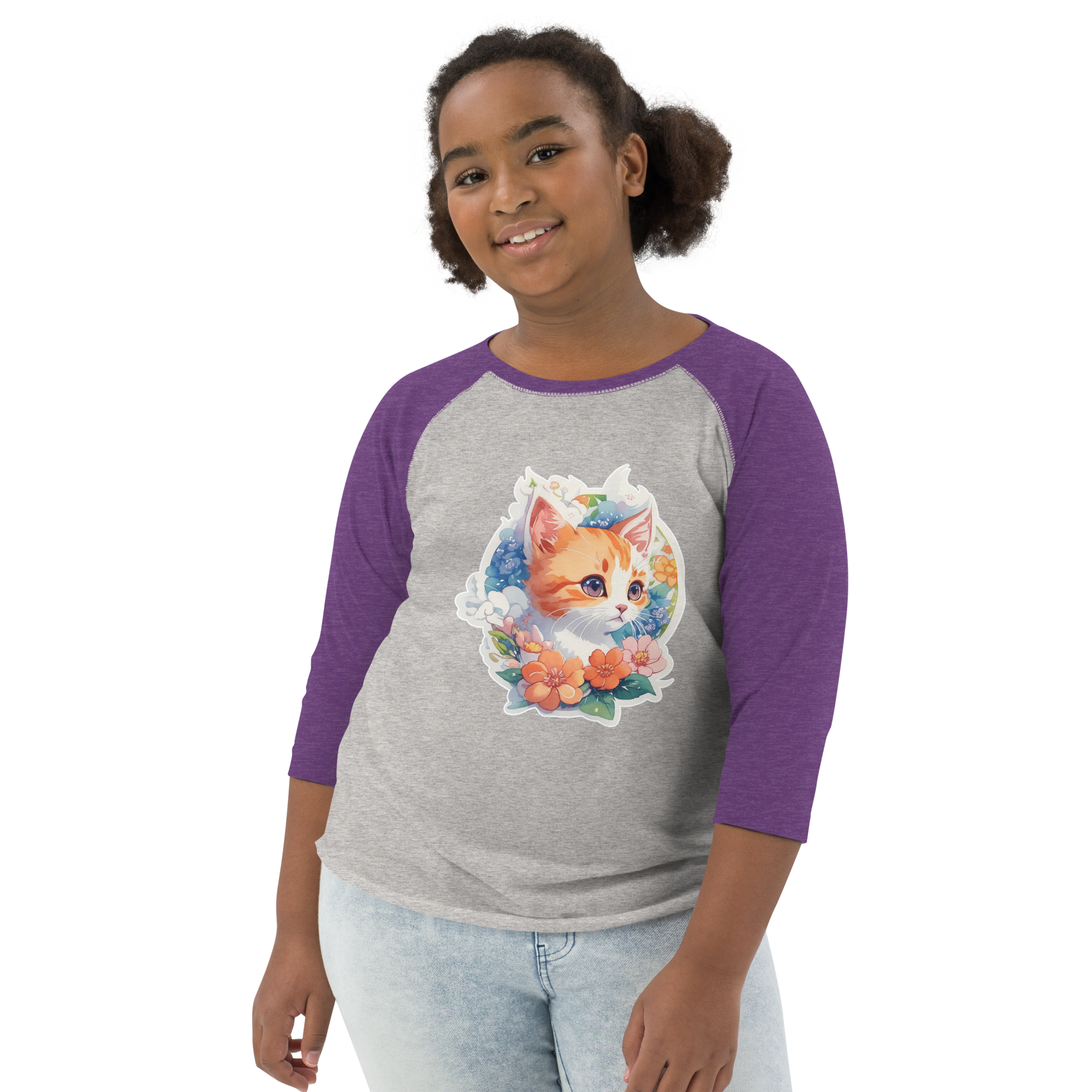 PhilanthroBit's Cute Kitten with Flowers heather vintage purple Youth baseball shirt - front