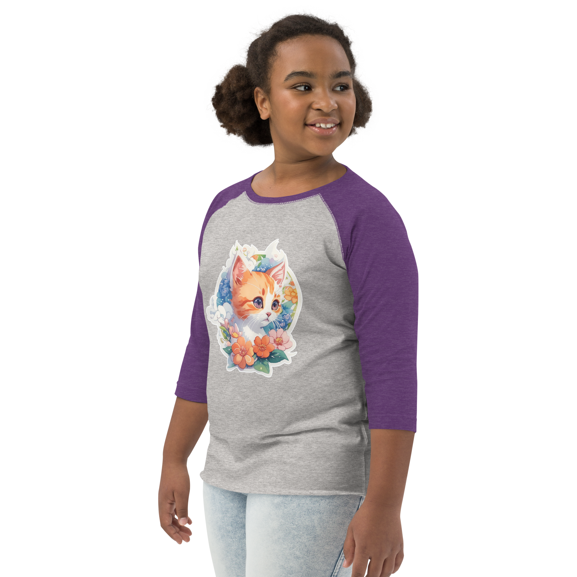 PhilanthroBit's Cute Kitten with Flowers heather vintage purple Youth baseball shirt - left front