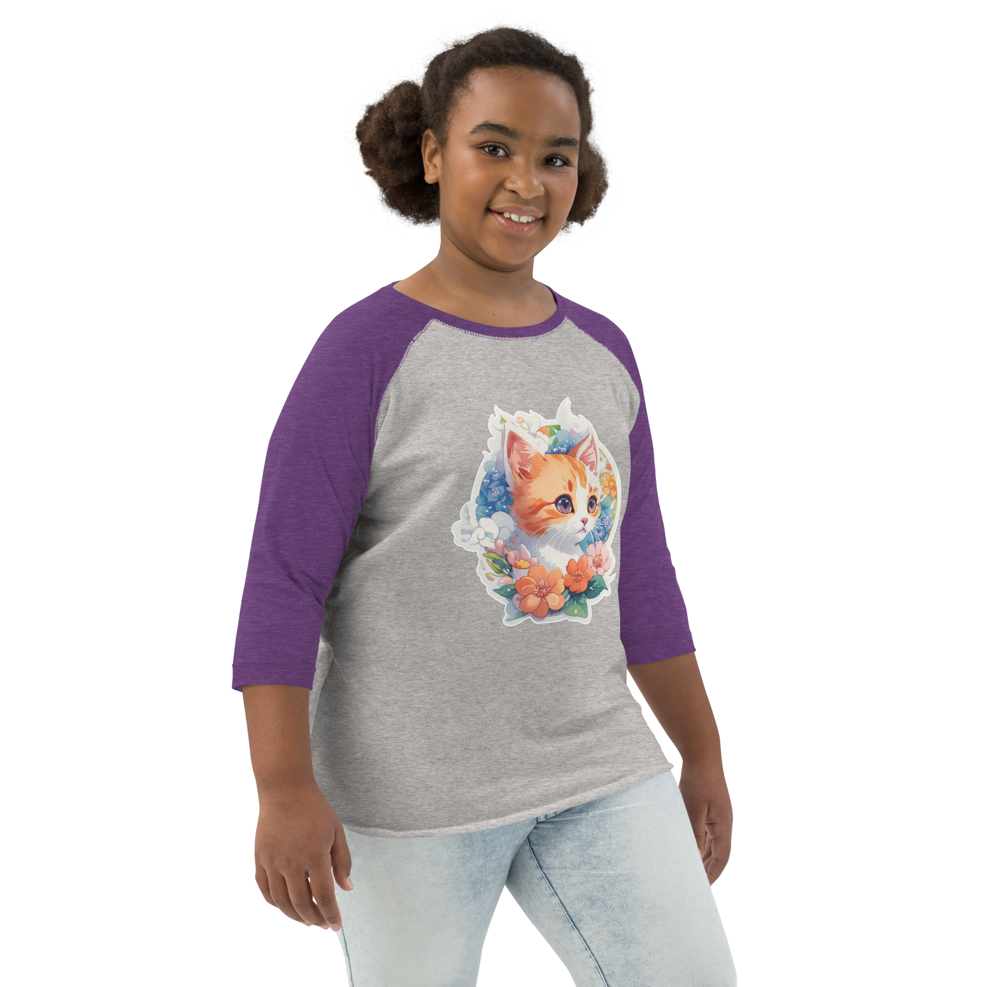 PhilanthroBit's Cute Kitten with Flowers heather vintage purple Youth baseball shirt - right front