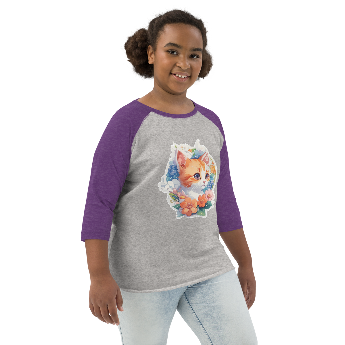 PhilanthroBit's Cute Kitten with Flowers heather vintage purple Youth baseball shirt - right front