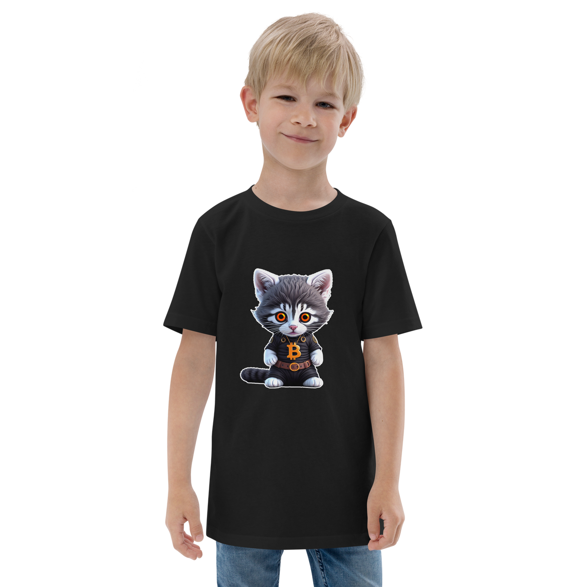 PhilanthroBit's Cool Bitcoin Cat Black Youth jersey t-shirt - front